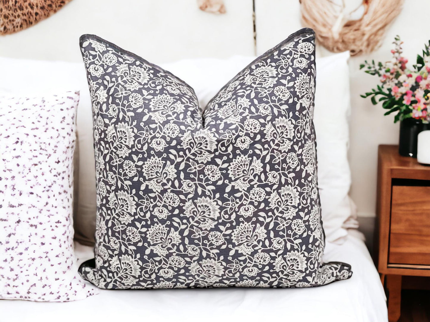 Grey Floral Pillow Cover: Modern Boho Throw Pillow, Decorative Sofa Cushion