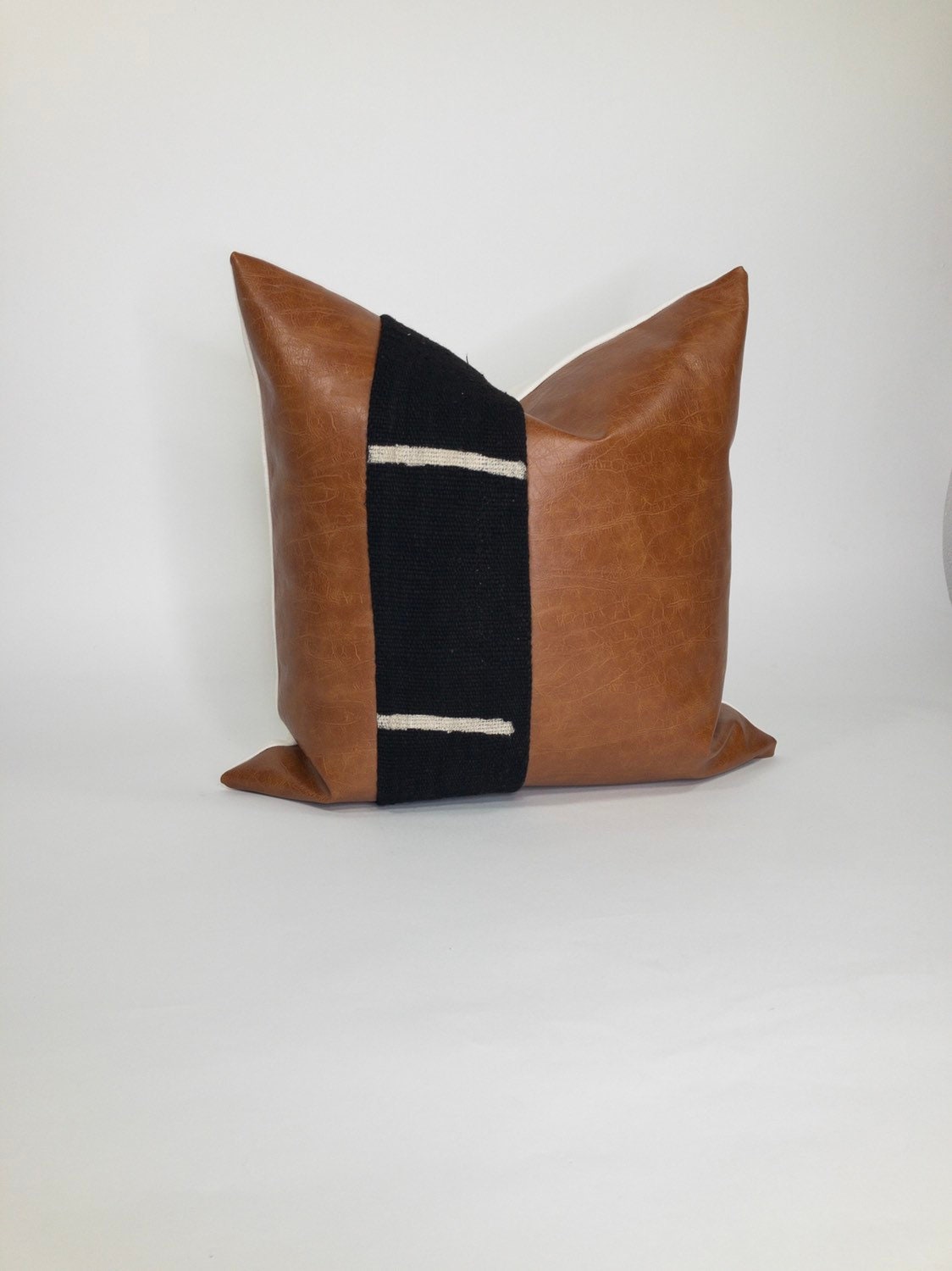 Mudcloth & Faux Leather Pillow Cover: Minimalist Cushion, Mid Century Modern Decor