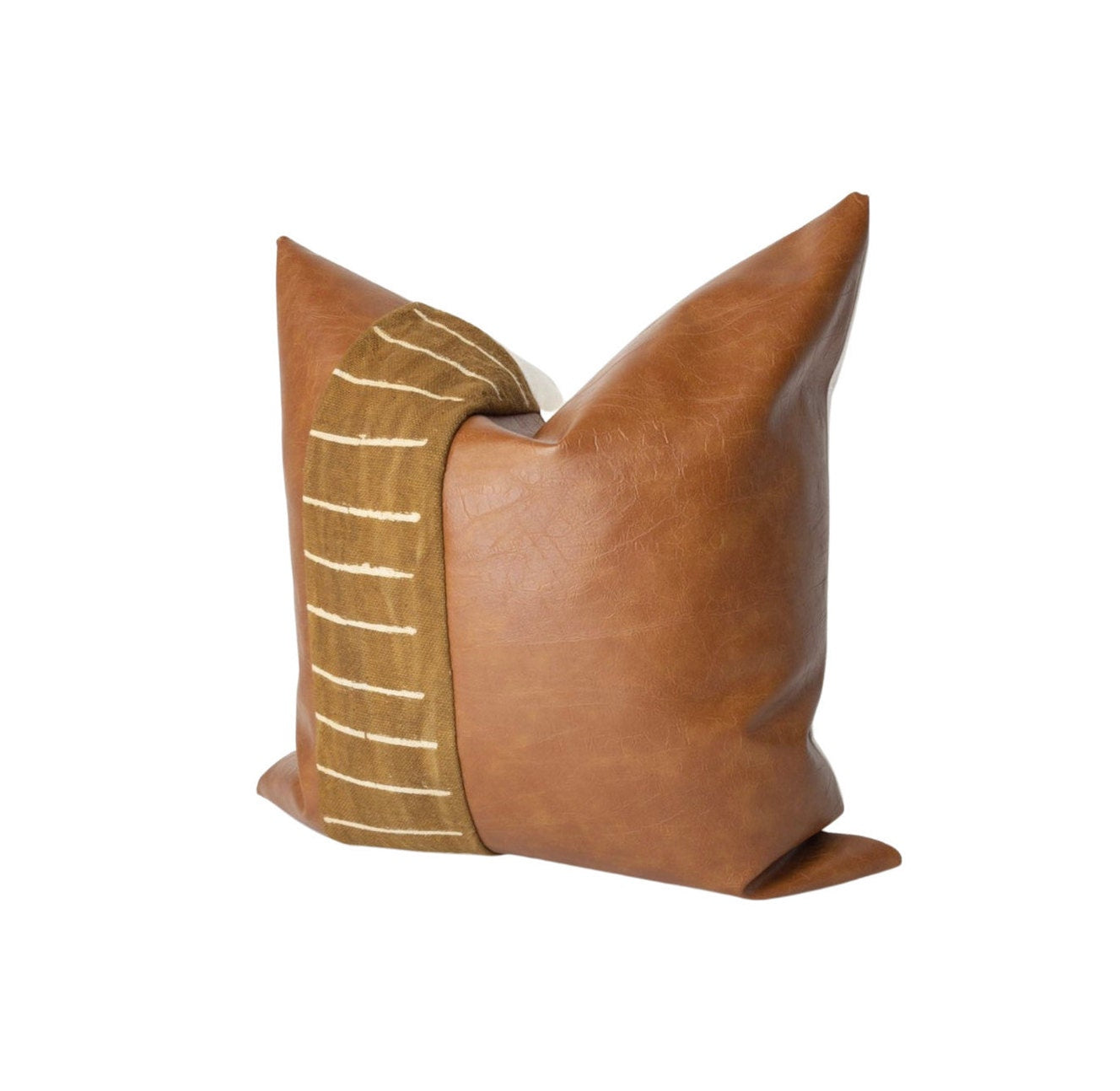 Handmade Cognac Leather & Mudcloth Pillow Cover: Mid-Century Home Decor, Accent