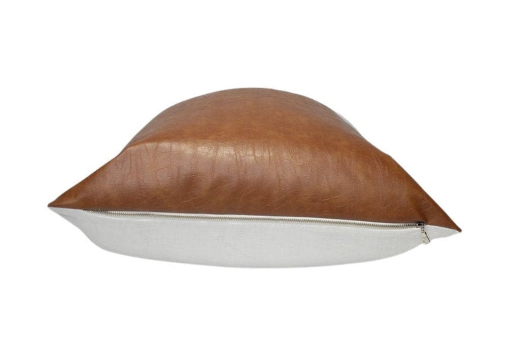 Cognac & Olive Green Faux Leather Pillow Cover: Contemporary Throw Pillow For Living Room