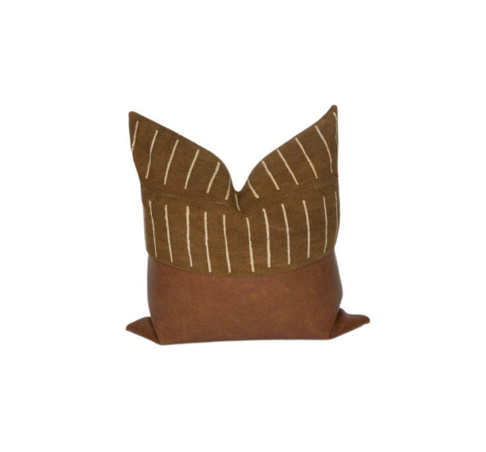 Mudcloth & Faux Leather Pillow Cover: Color Block Cushion Cover, Scandinavian Home Decor
