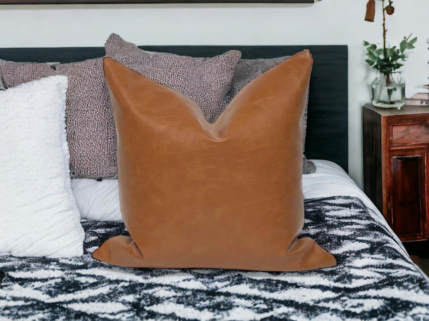 Cognac Faux Leather Pillow Cover: Rustic Modern Accent Cushion, Throw Pillow