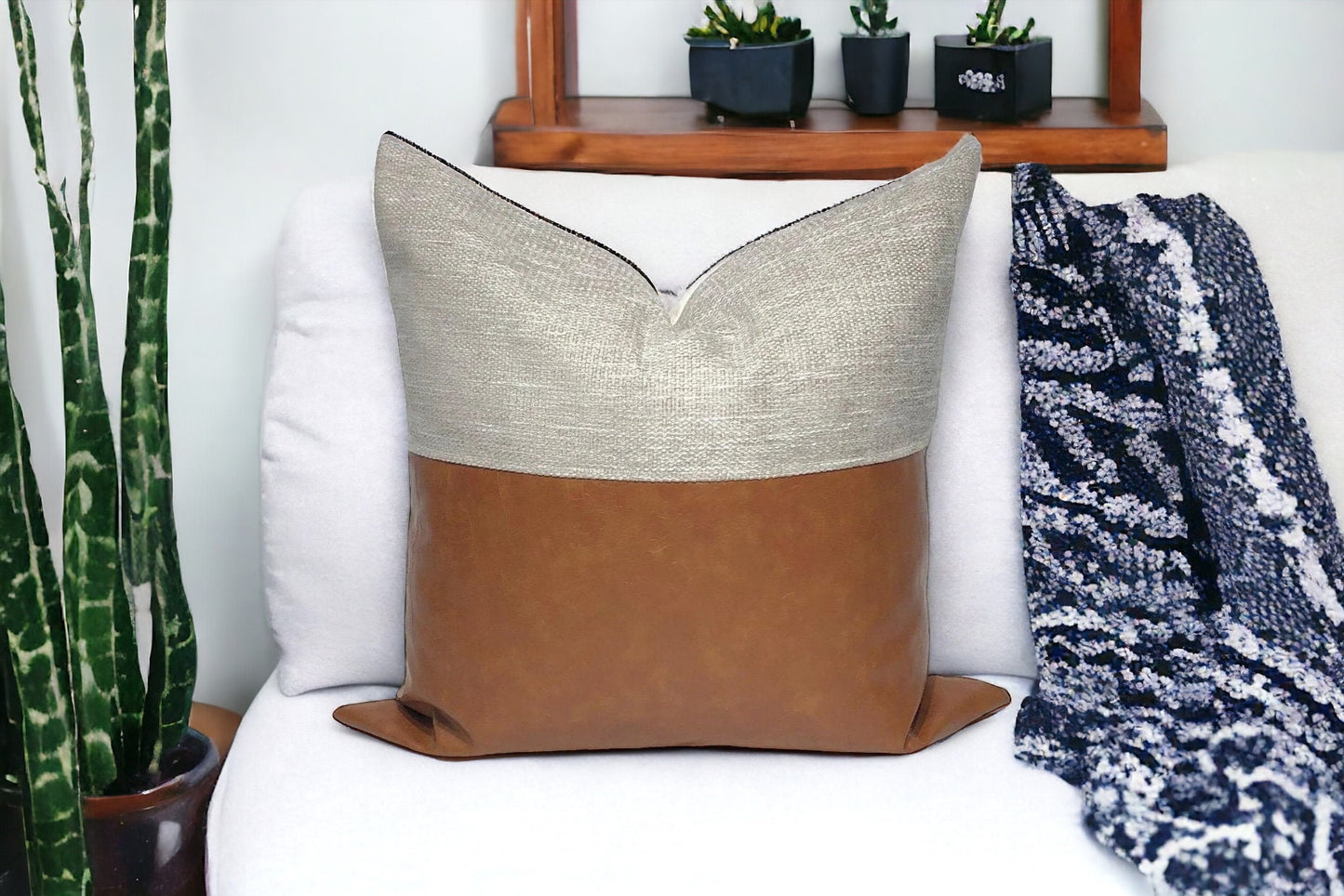 Mid-Century Modern Pillow Cover: Grey Beige & Cognac Faux Leather, Throw Pillow