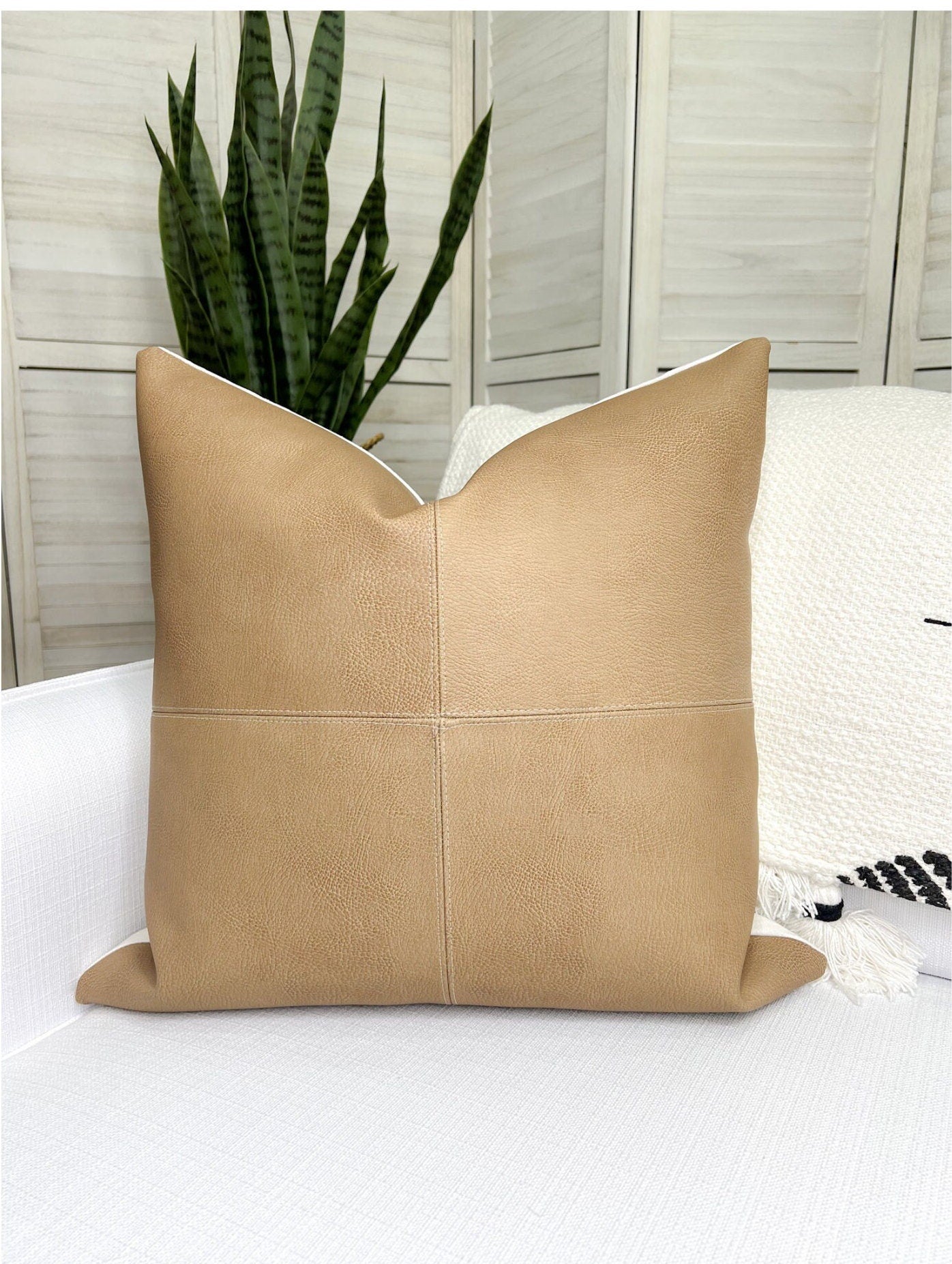 Tan Faux Leather Pillow Cover, Hand Stitched, Modern Farmhouse Throw Pillow