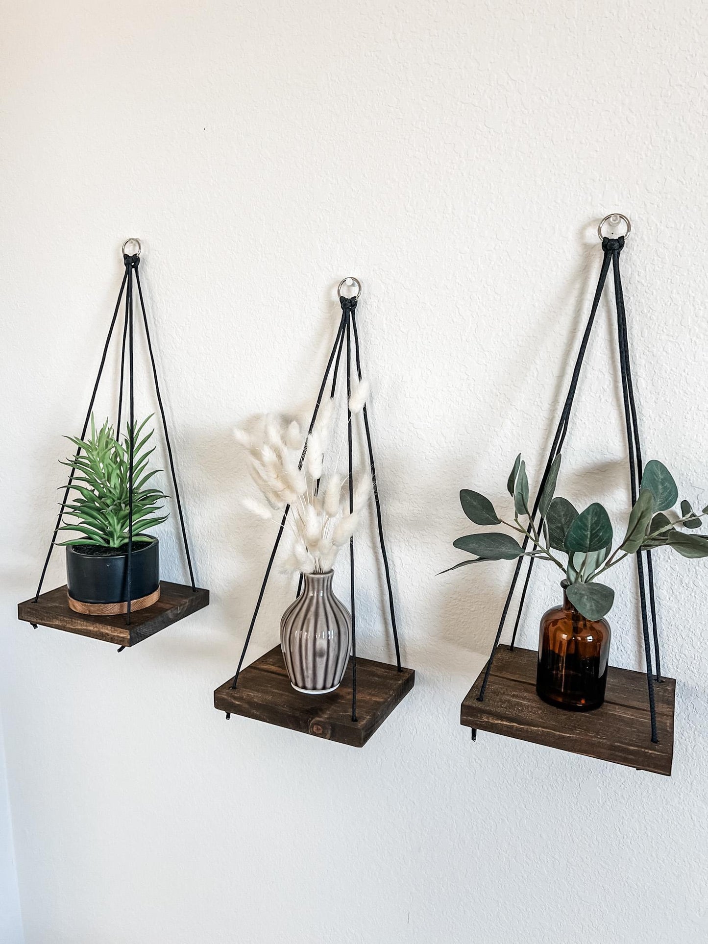 Wood Hanging Shelves Set of 3: Espresso Stain, Black Rope, Small Space