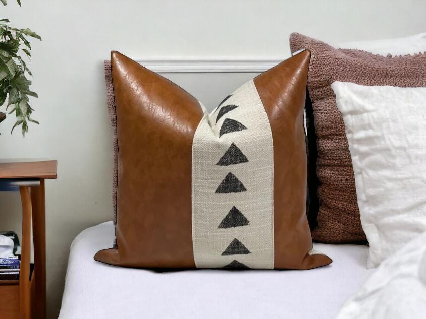 Faux Leather Pillow Cover: Neutral Home Decor,Farmhouse Accent Pillow