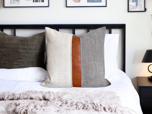 Cognac Faux Leather & Grey Woven Pillow Cover: Farmhouse Decorative Throw Cushions