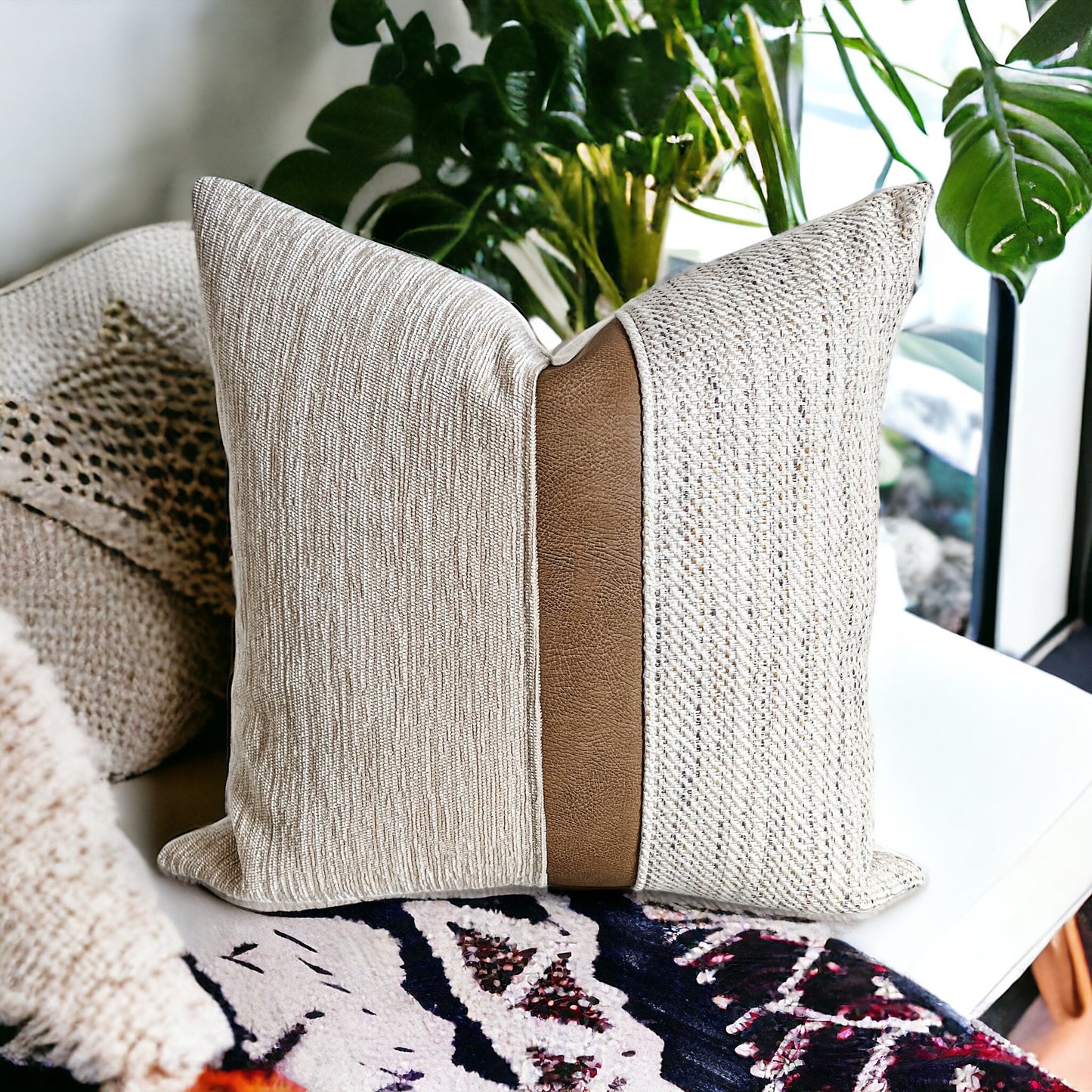 Textured Cream Pillow Cover with Cognac Stripe