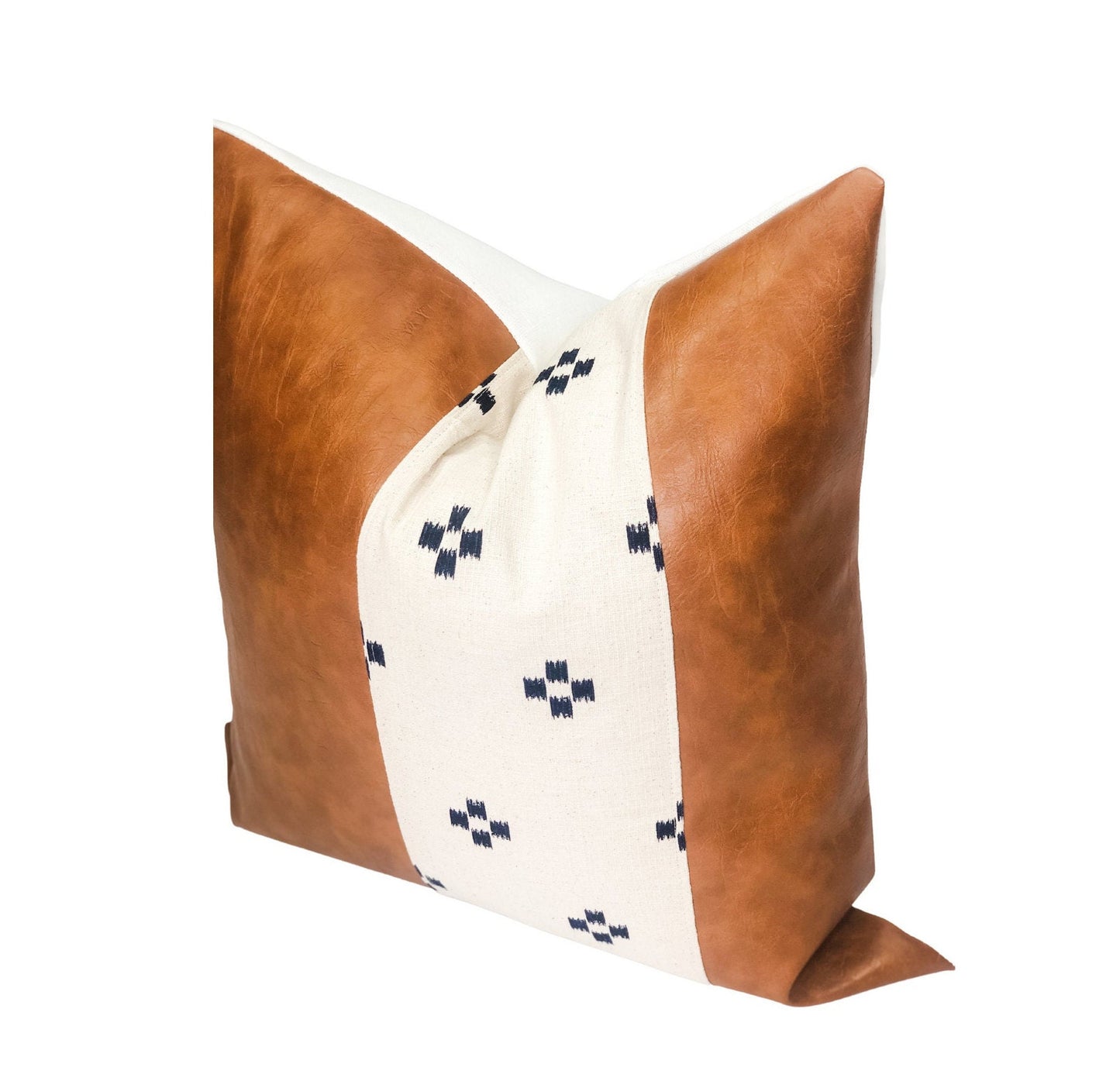 Cognac Faux Leather Pillow Cover: Cream & Blue Squares Accent, Mid-Century Modern Throw Pillow