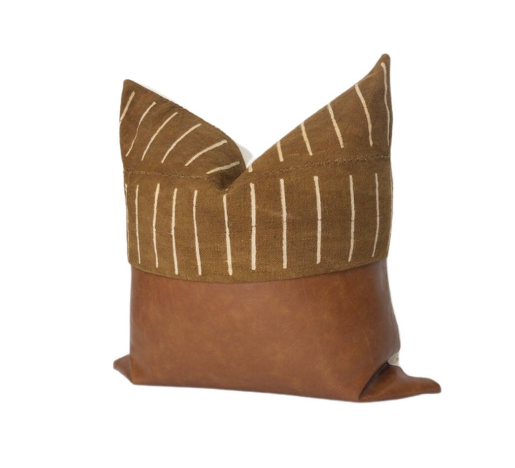 Mudcloth & Faux Leather Pillow Cover: Color Block Cushion Cover, Scandinavian Home Decor