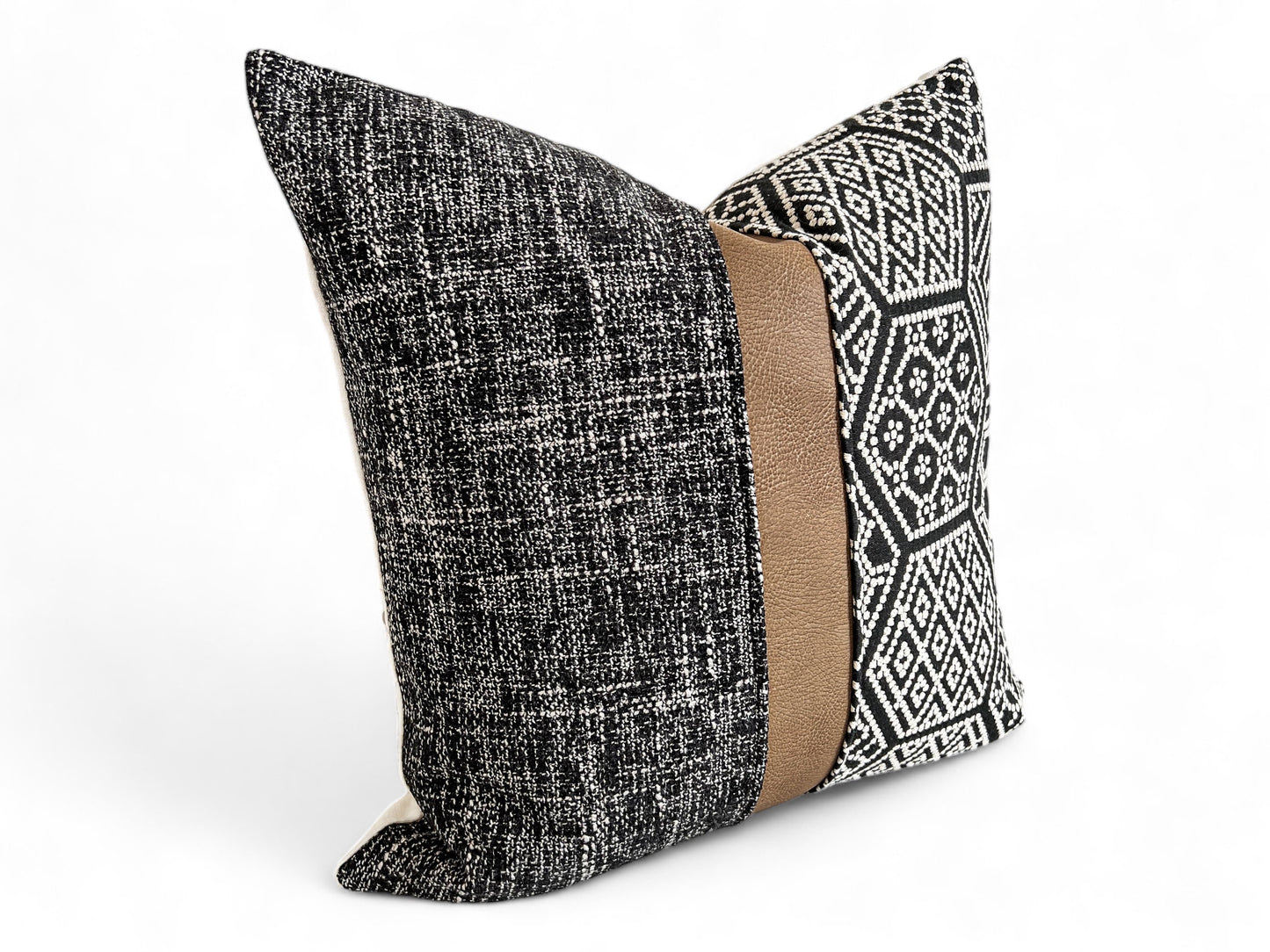 Black Woven Fabric with Tan Faux Leather Pillow Cover: Farmhouse Throw Pillow