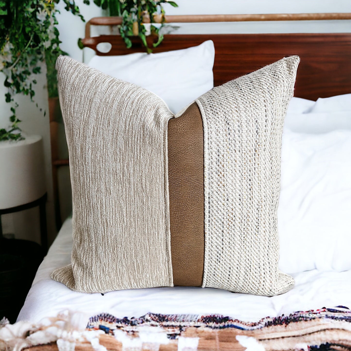 Textured Cream Pillow Cover with Cognac Stripe