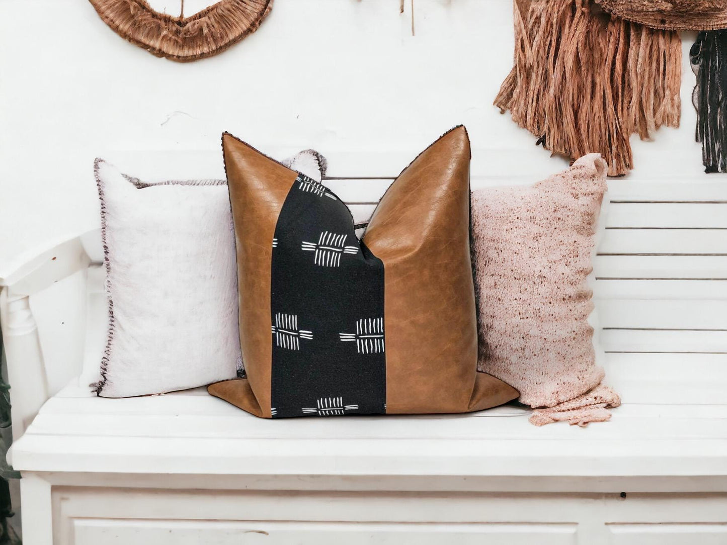 Handmade Faux Leather Pillow Cover: Color Block Accent, Rustic Farmhouse Throw Pillow