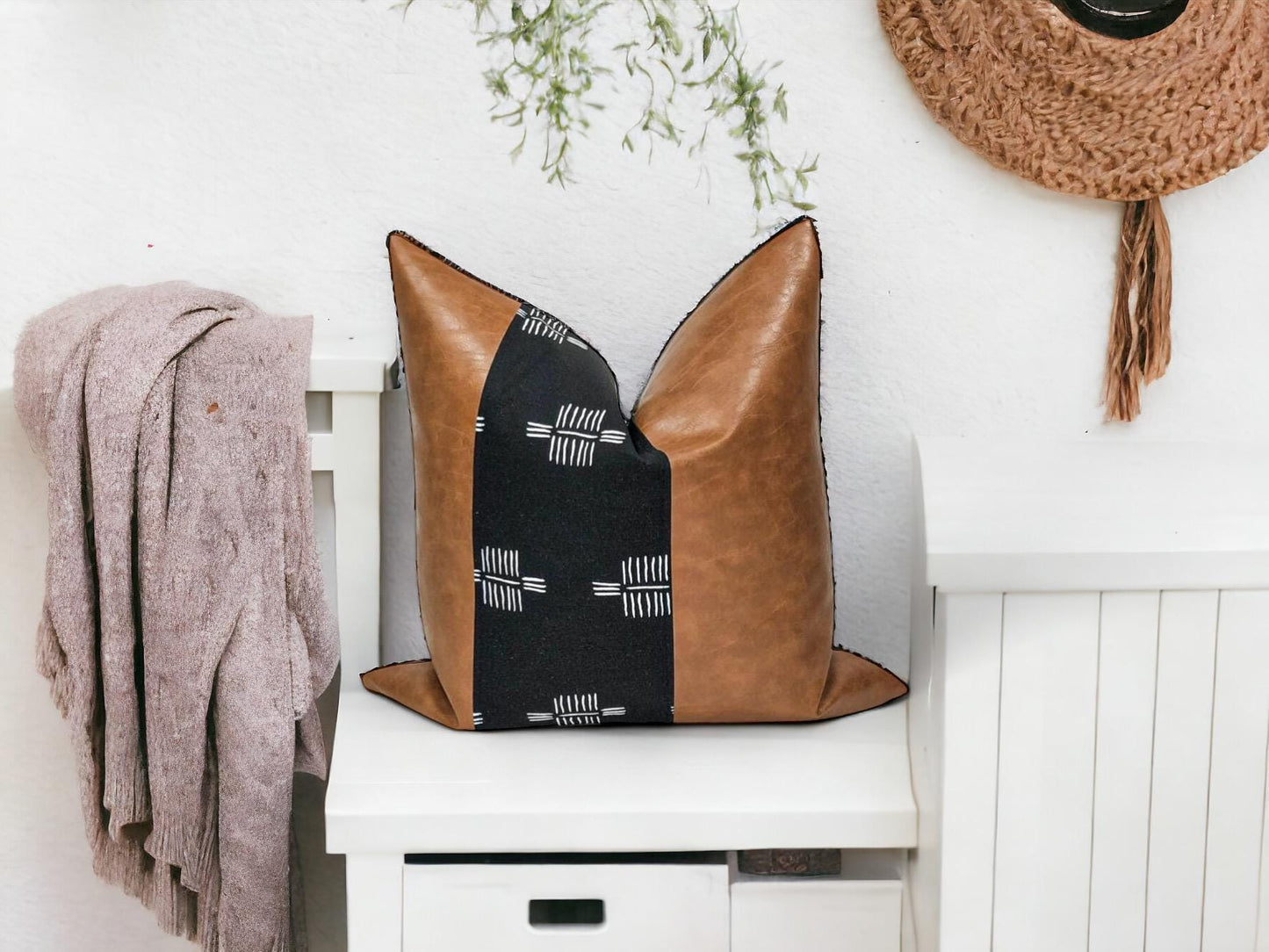 Handmade Faux Leather Pillow Cover: Color Block Accent, Rustic Farmhouse Throw Pillow