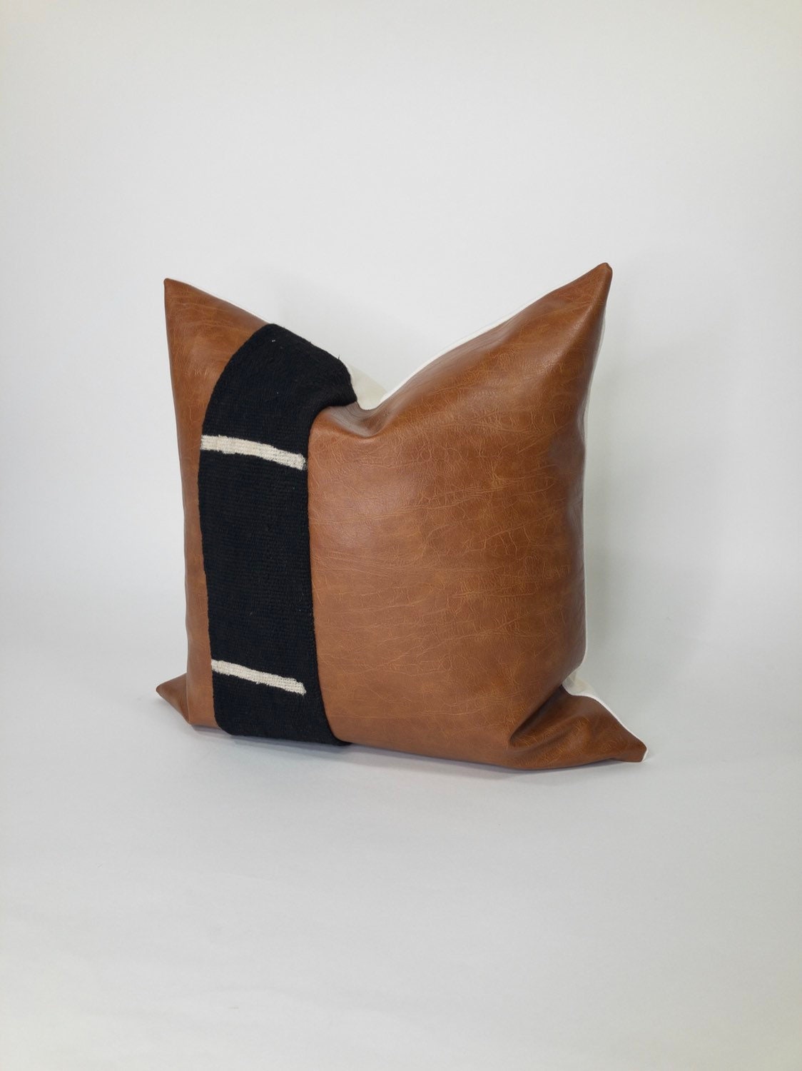 Mudcloth & Faux Leather Pillow Cover: Minimalist Cushion, Mid Century Modern Decor
