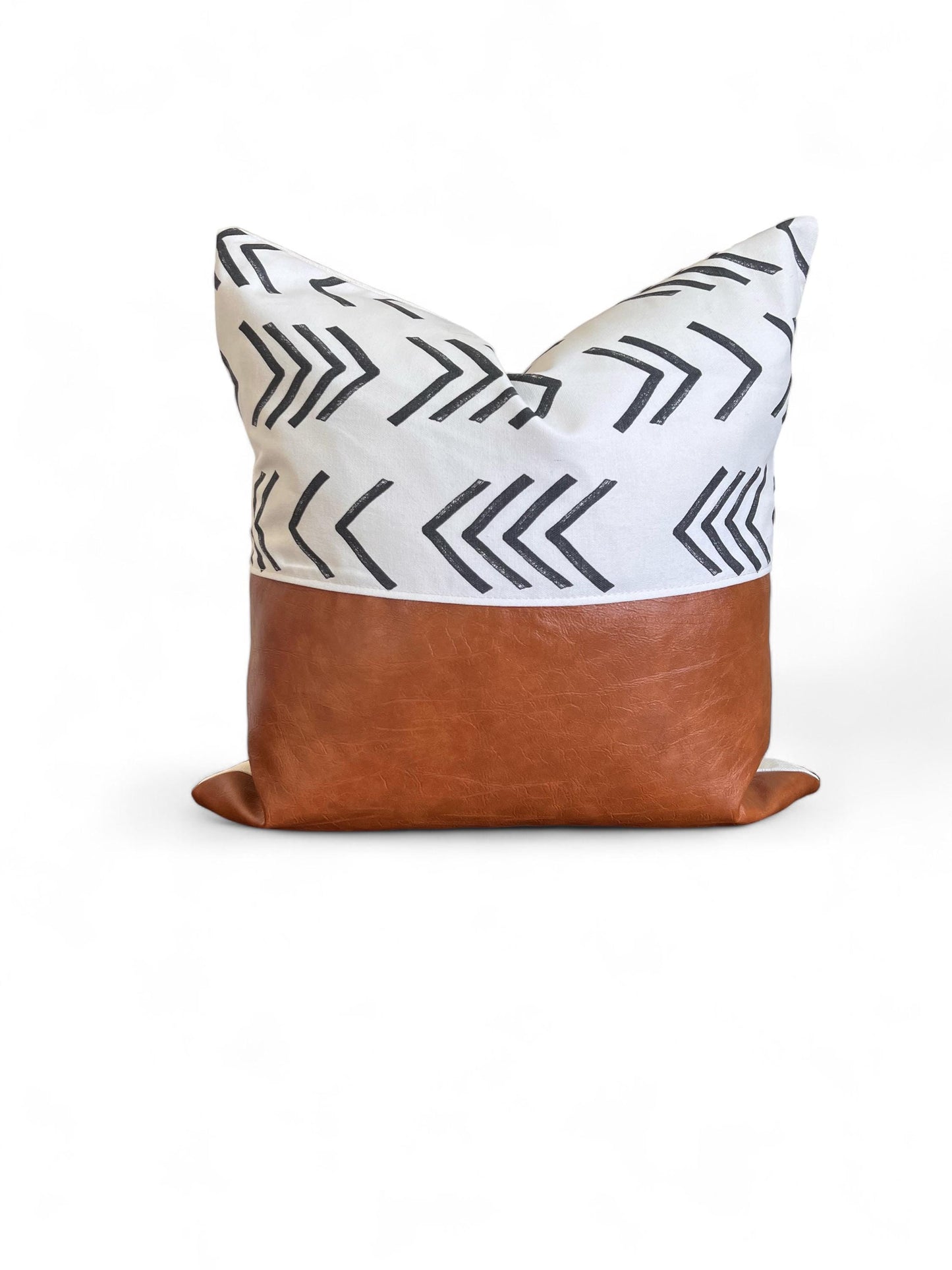 Boho Throw Pillow Cover: Cognac Faux Leather, White with Black Arrows, Farmhouse Decor