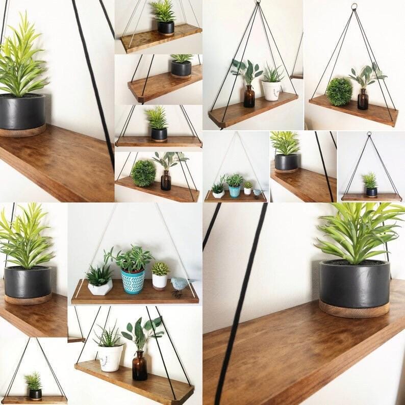 Wood Hanging Shelf: Handmade Farmhouse Decor with Black Rope & Silver Ring