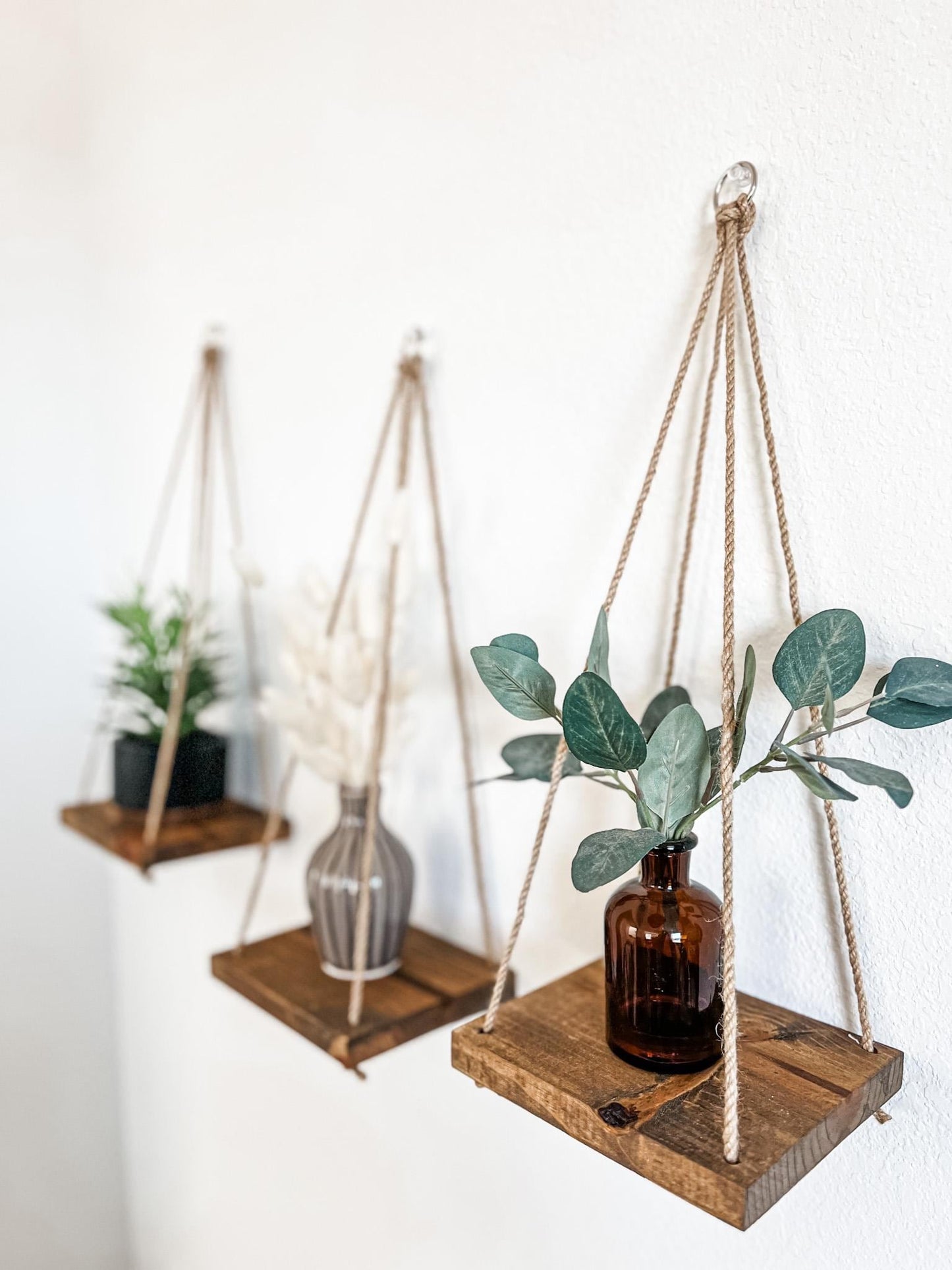 Wood Hanging Shelf Set of 3: Early American Stain, Boho Wall Decor
