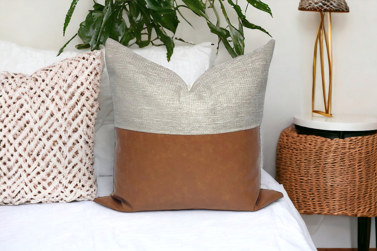 Mid-Century Modern Pillow Cover: Grey Beige & Cognac Faux Leather, Throw Pillow