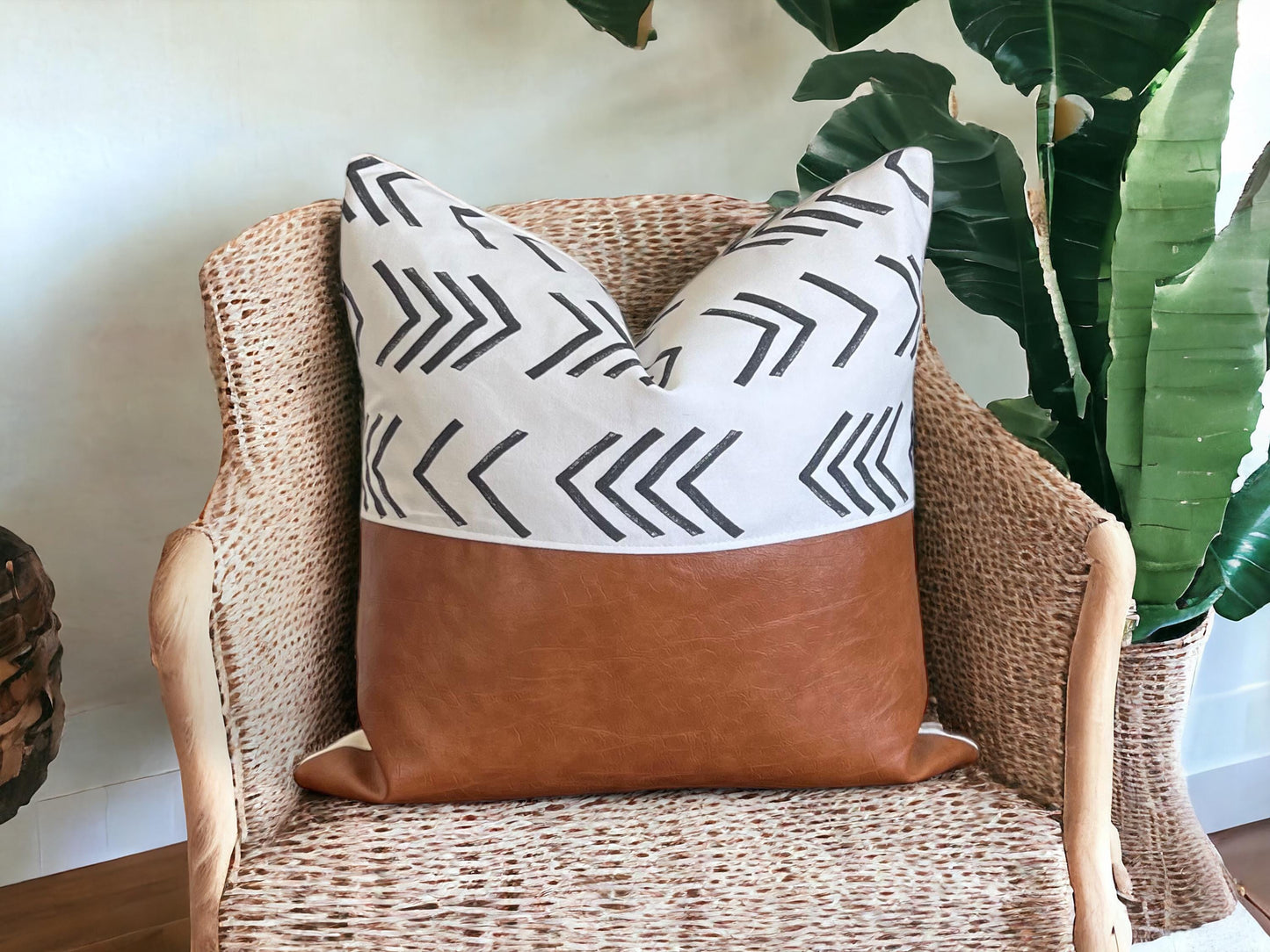 Boho Throw Pillow Cover: Cognac Faux Leather, White with Black Arrows, Farmhouse Decor