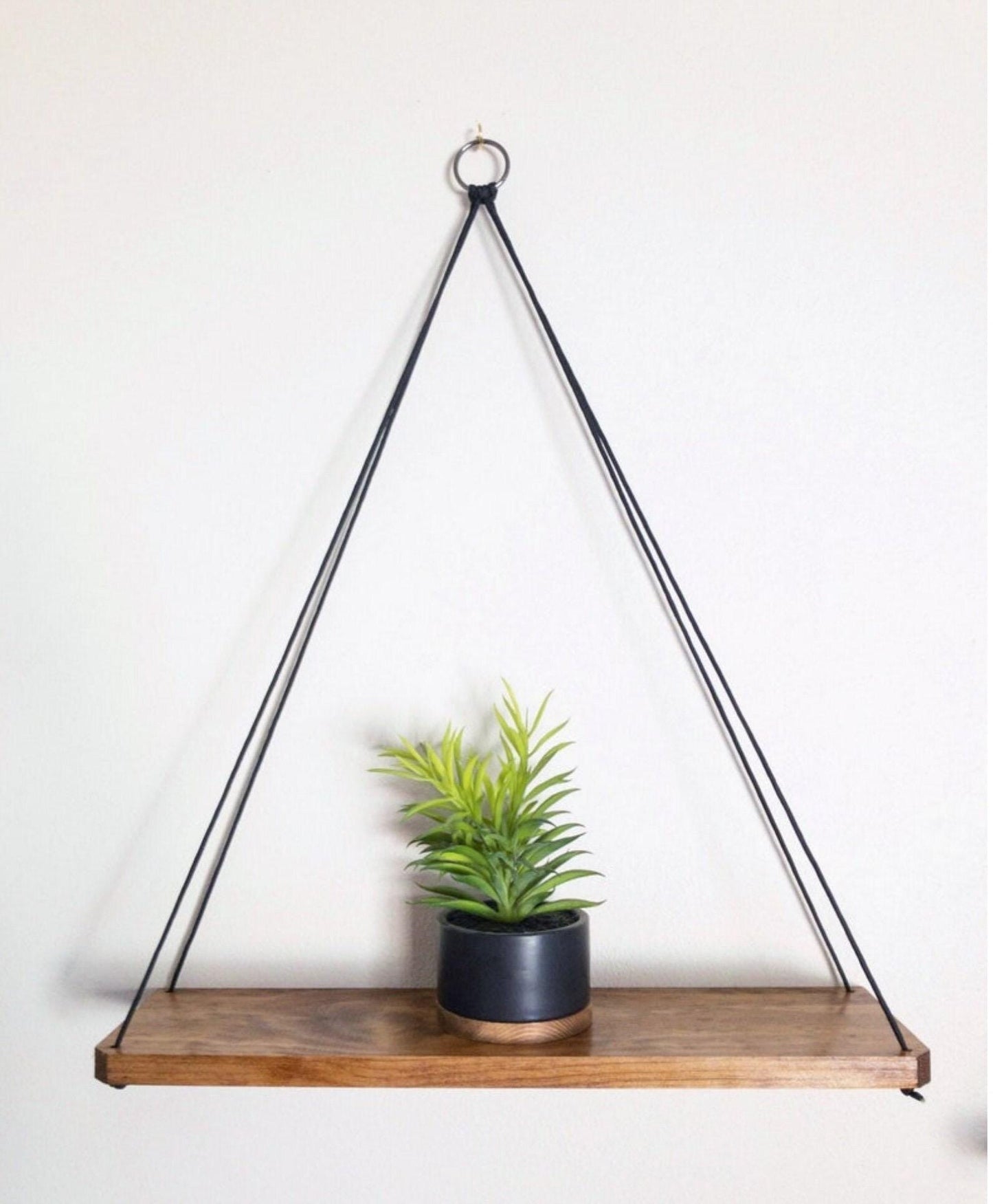 Wood Hanging Shelf: Handmade Farmhouse Decor with Black Rope & Silver Ring