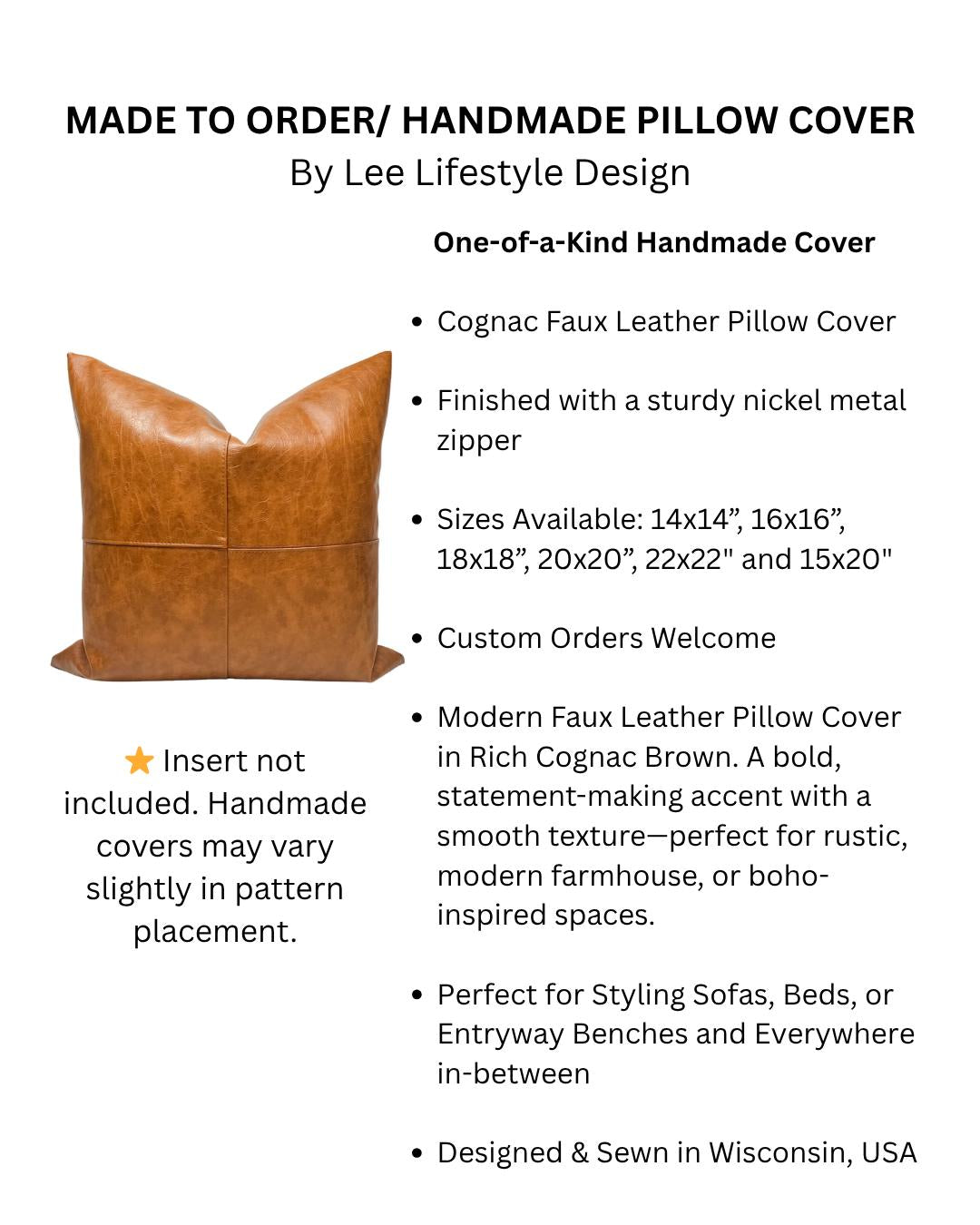 Cognac Faux Leather Pillow Cover: Rustic Farmhouse Throw Pillow, Boho Cushion Accent