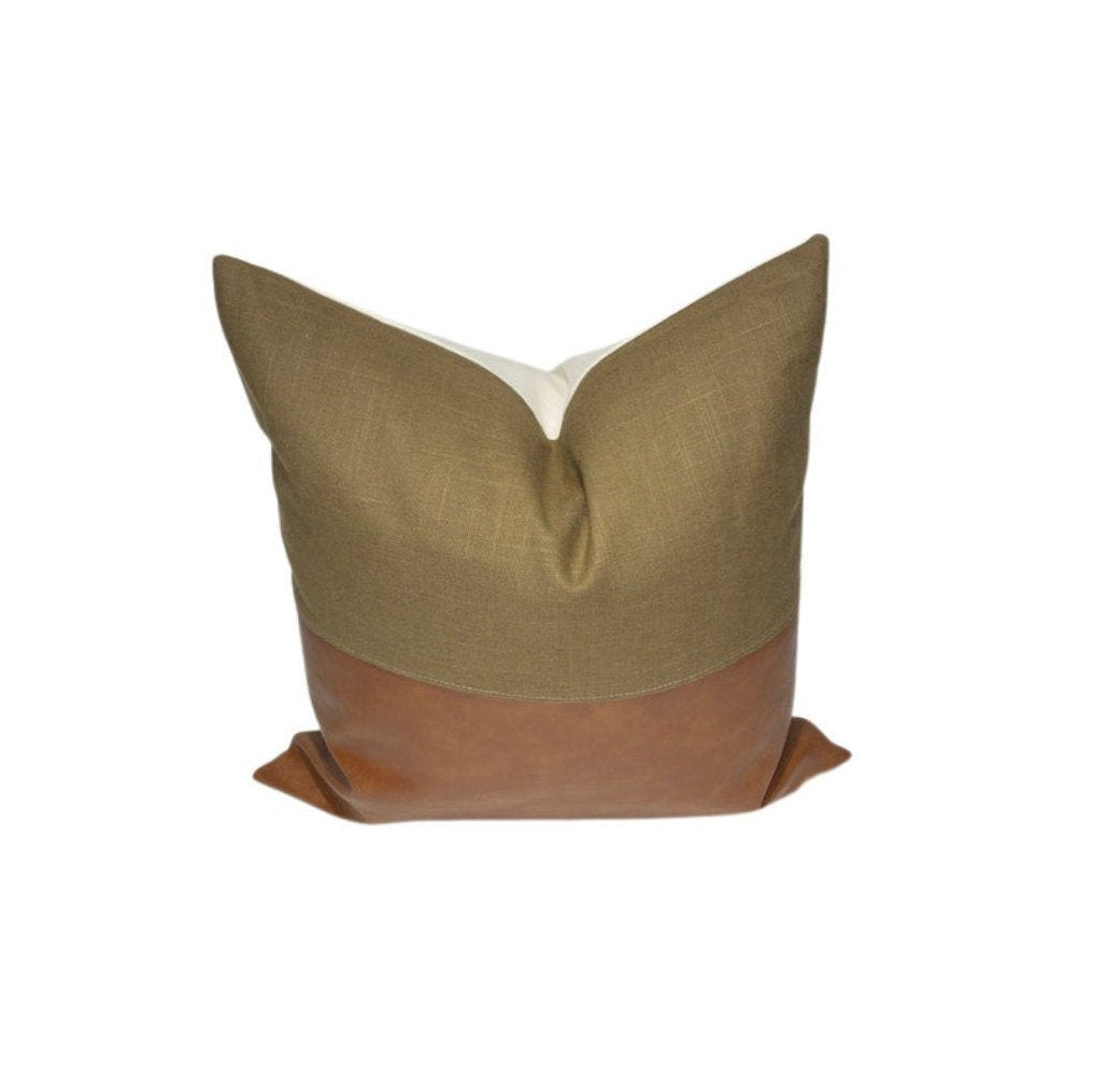 Cognac & Olive Green Faux Leather Pillow Cover: Contemporary Throw Pillow For Living Room