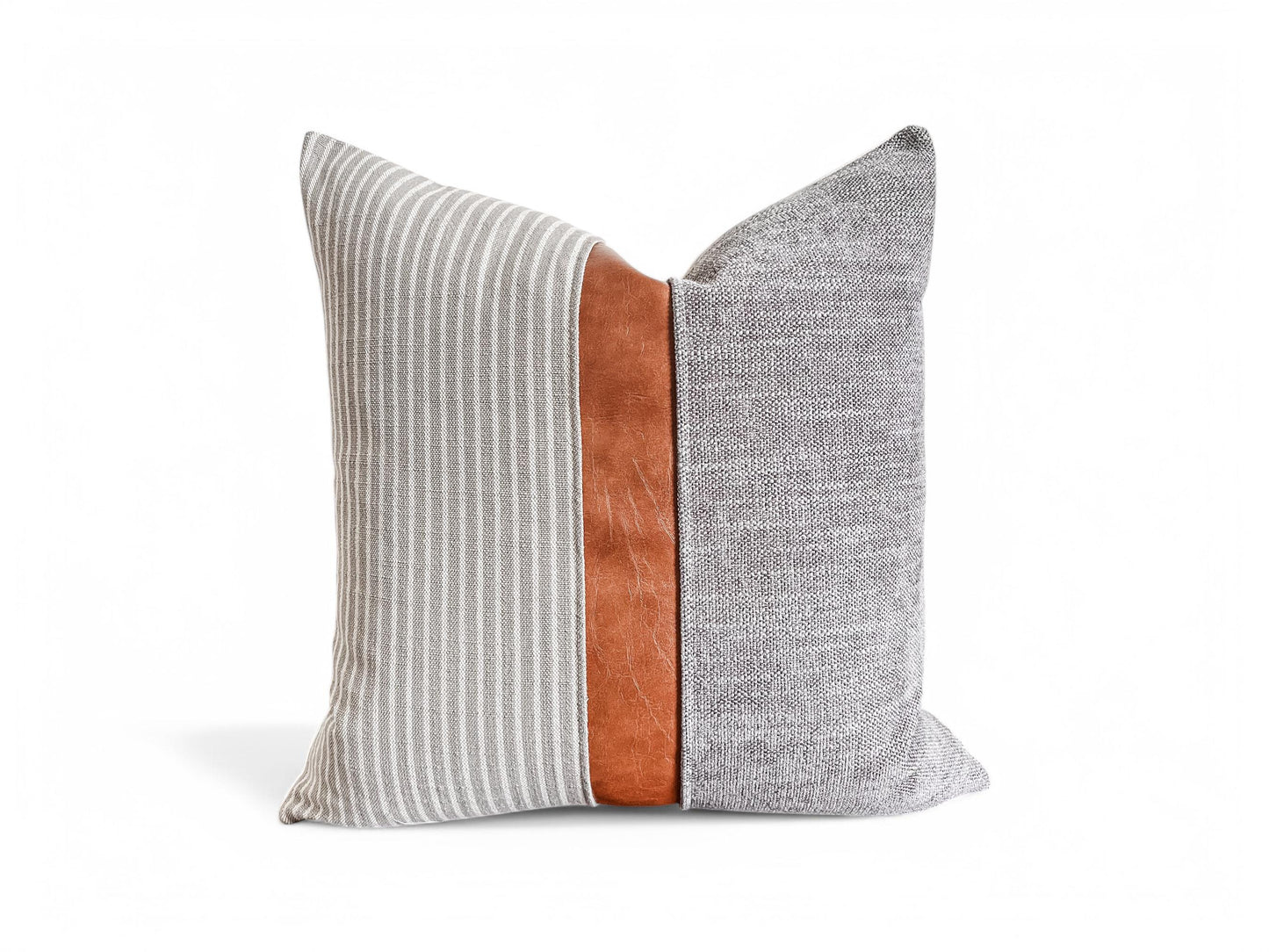 Grey and Cream Woven Stripe, Faux Leather Pillow Cover: Modern Farmhouse Cushion