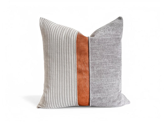 Grey and Cream Woven Stripe, Faux Leather Pillow Cover: Modern Farmhouse Cushion