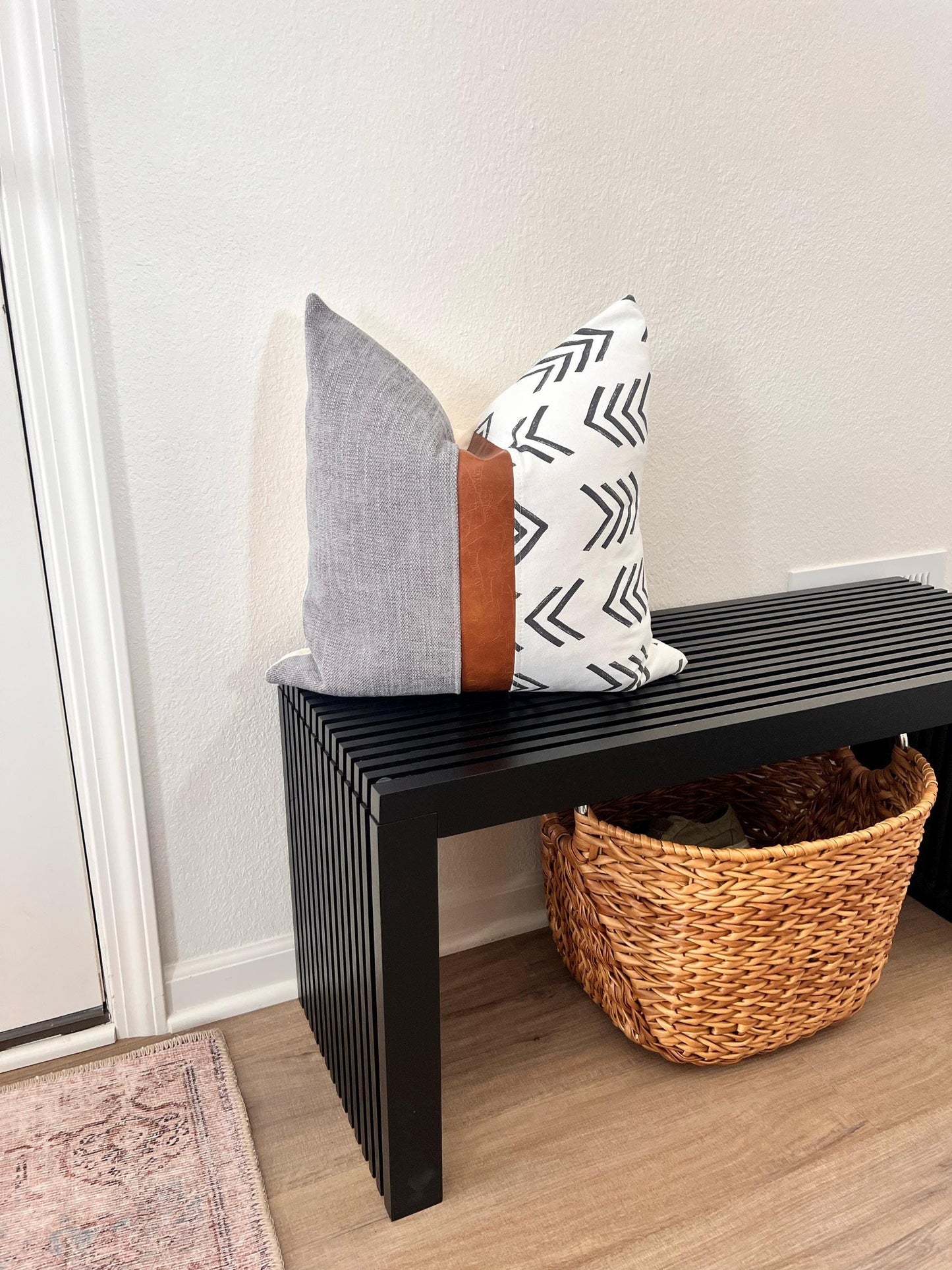 Grey, Boho Geometric Pattern, Cognac Faux Leather: Throw Cushion Case