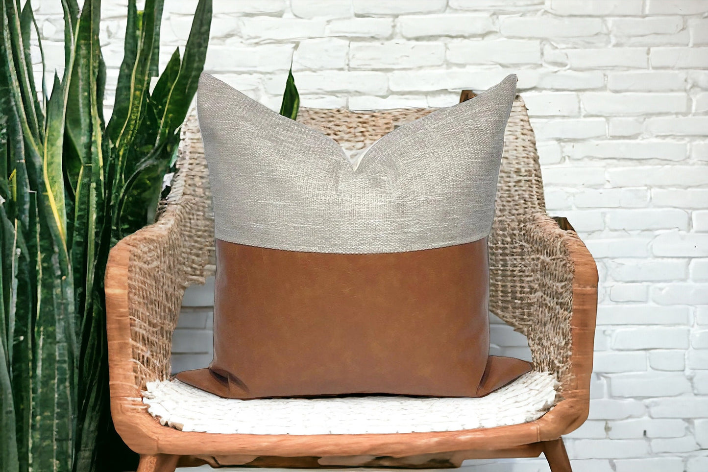 Mid-Century Modern Pillow Cover: Grey Beige & Cognac Faux Leather, Throw Pillow
