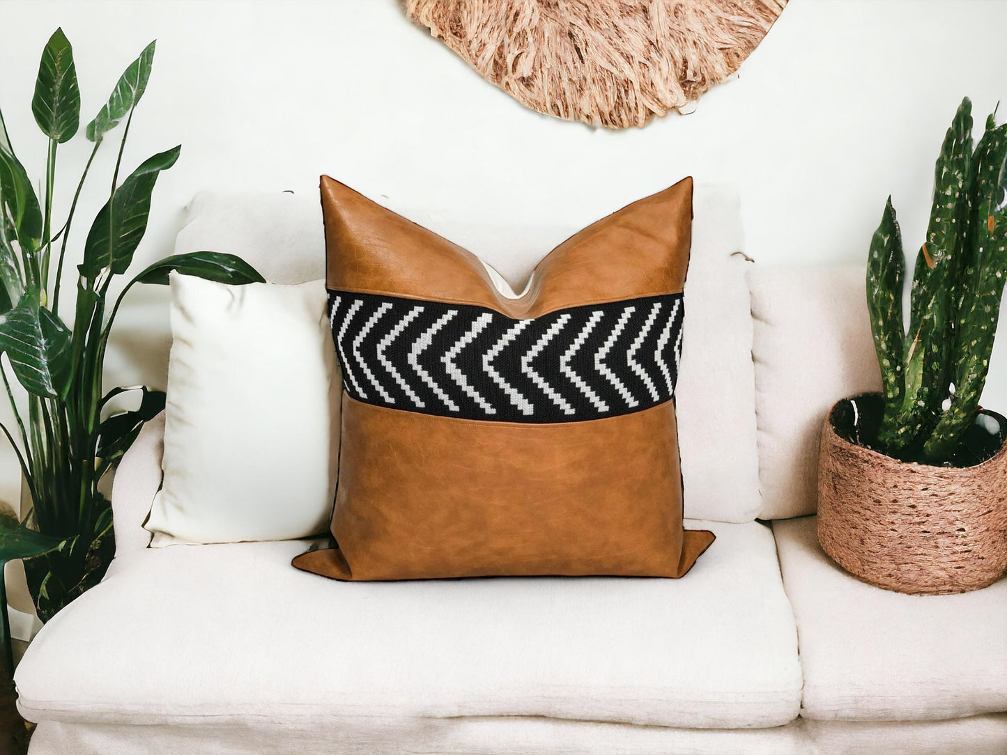 Cognac Faux Leather Pillow Cover: Black Arrow, Modern  Boho Throw Pillow