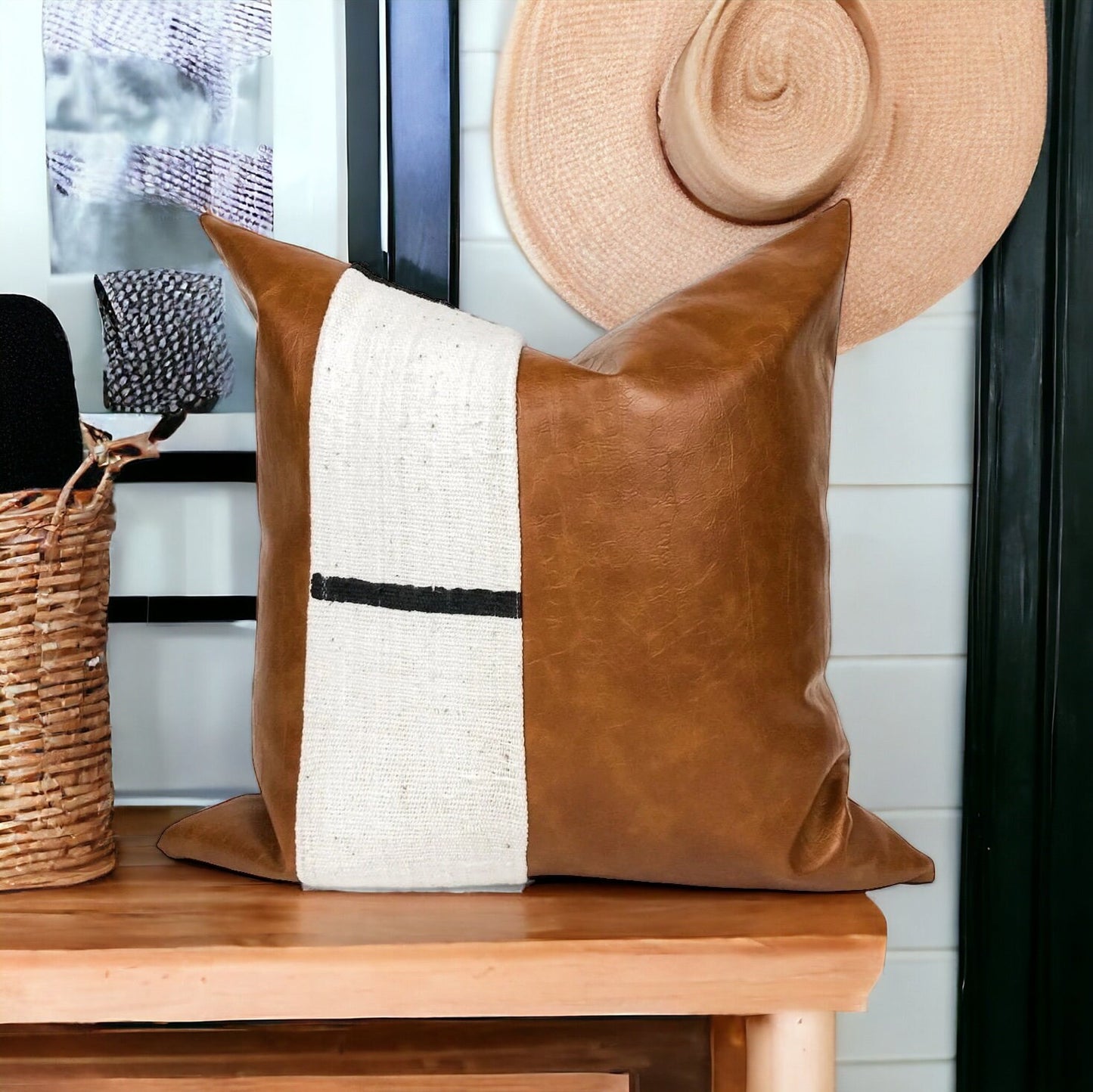 Cream Mudcloth, Faux Leather Throw Pillow Cover: Boho Accent Cushion