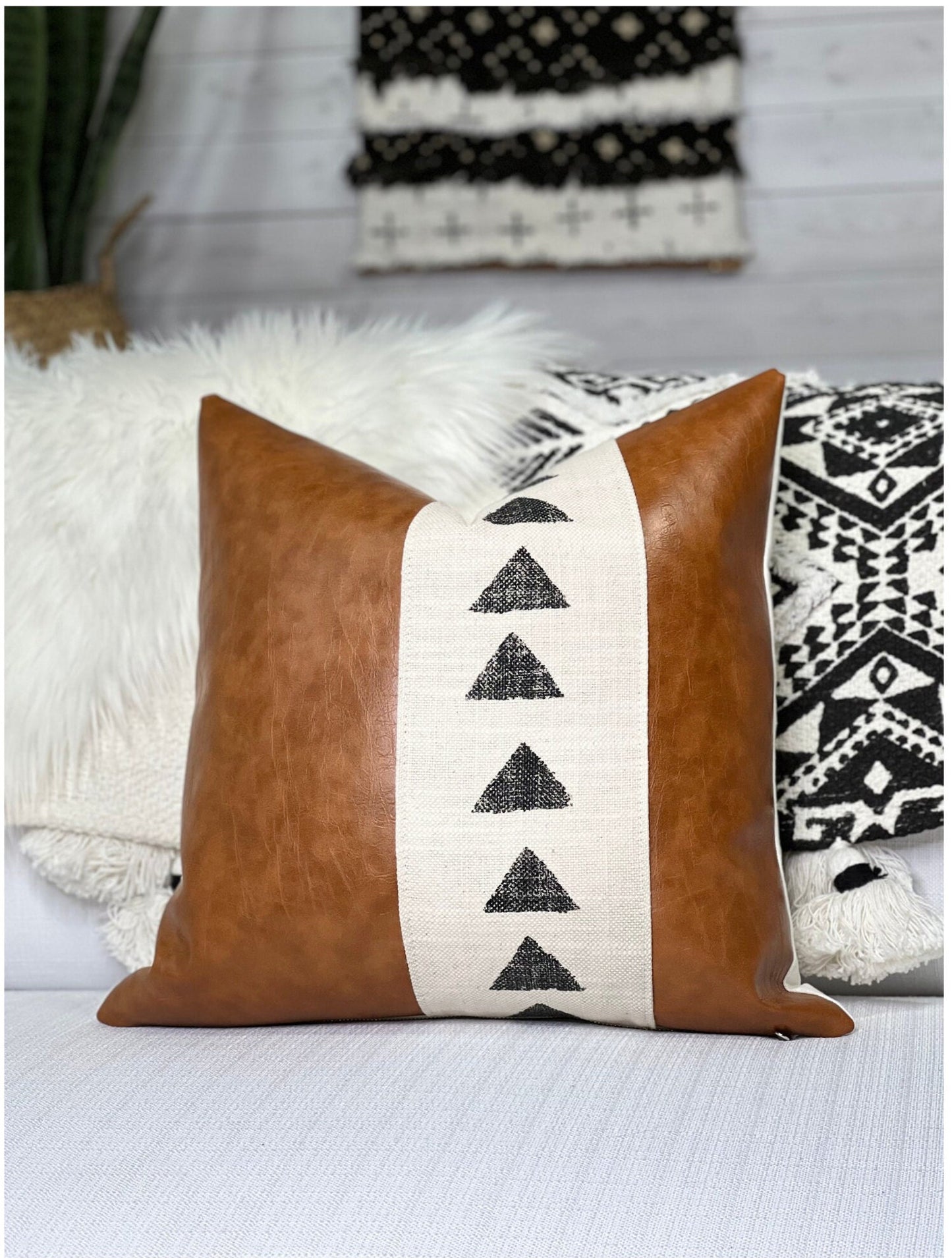 Faux Leather Pillow Cover: Neutral Home Decor,Farmhouse Accent Pillow