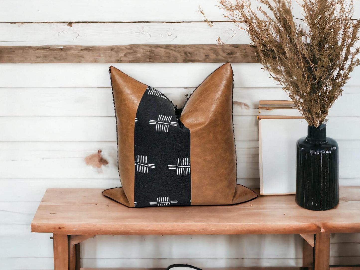 Handmade Faux Leather Pillow Cover: Color Block Accent, Rustic Farmhouse Throw Pillow