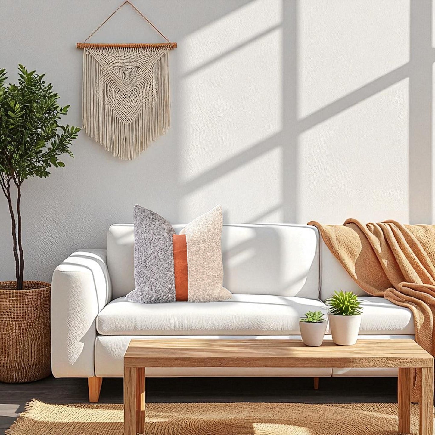 Textured Cream & Grey, Faux Leather Pillow Cover: Scandinavian Accent Pillow