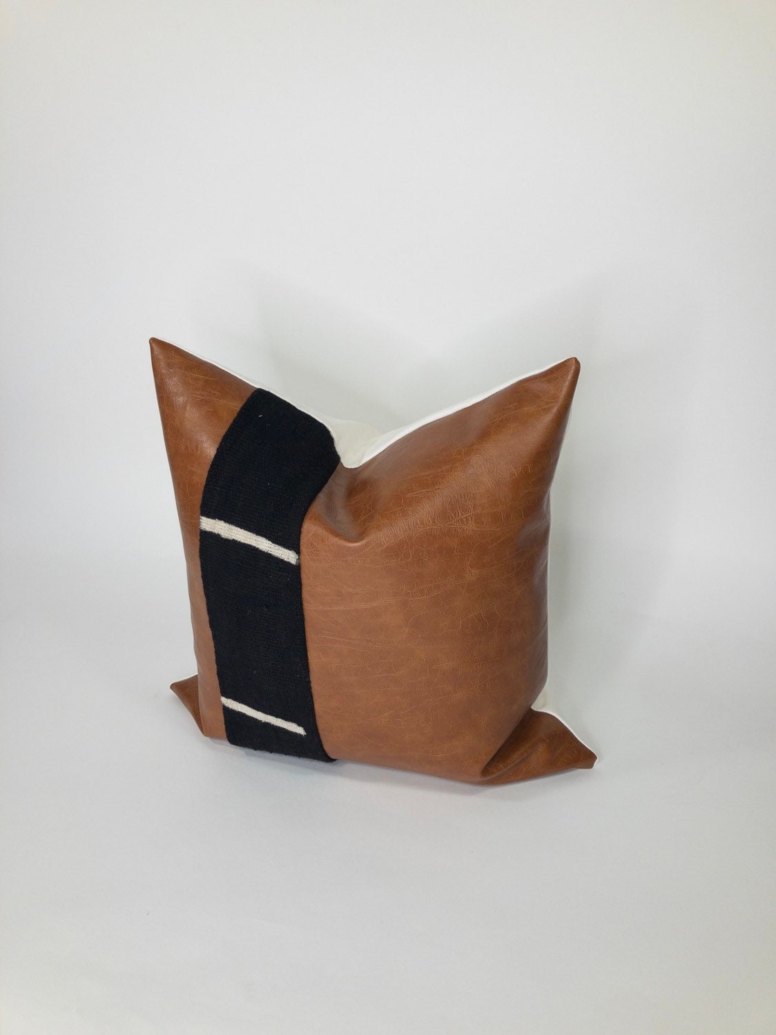 Mudcloth & Faux Leather Pillow Cover: Minimalist Cushion, Mid Century Modern Decor