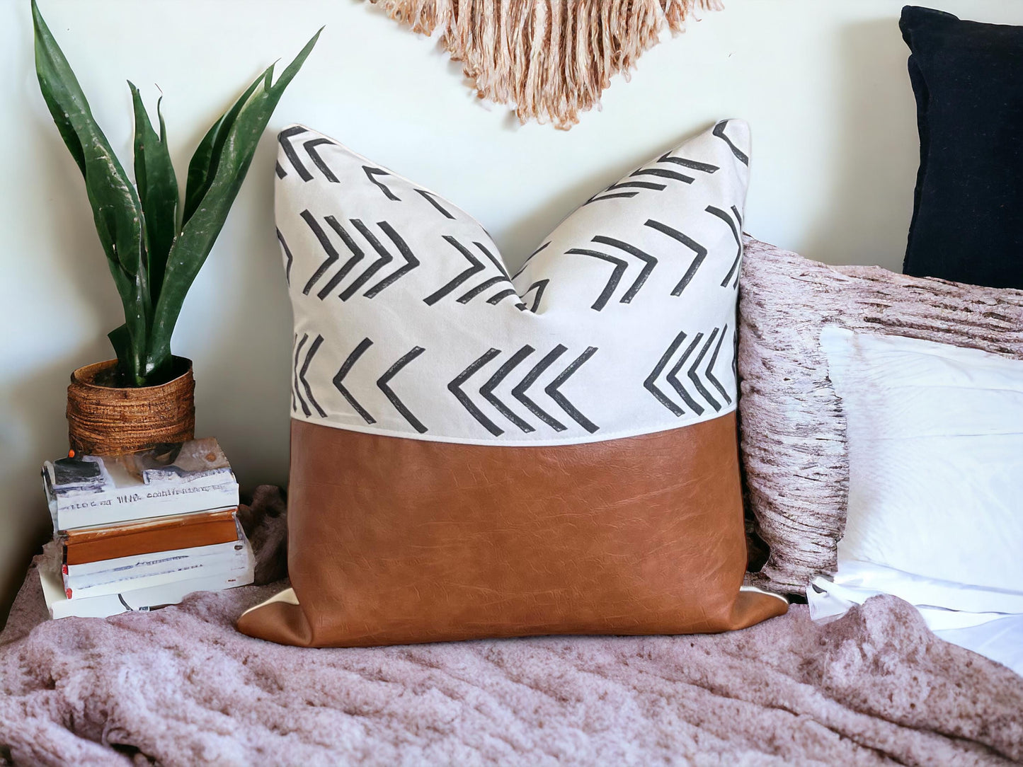 Boho Throw Pillow Cover: Cognac Faux Leather, White with Black Arrows, Farmhouse Decor