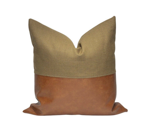 Cognac & Olive Green Faux Leather Pillow Cover: Contemporary Throw Pillow For Living Room