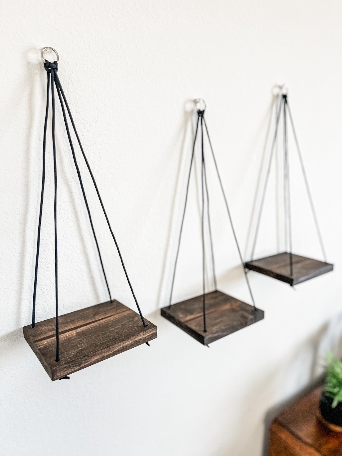 Wood Hanging Shelves Set of 3: Espresso Stain, Black Rope, Small Space