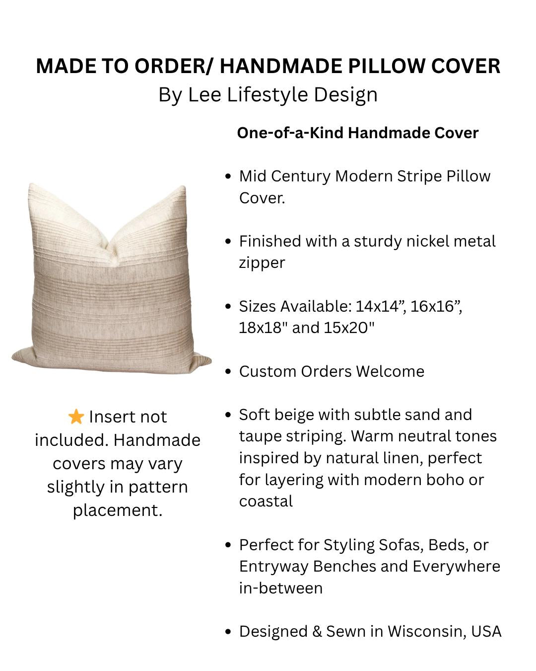 Modern Stripe Linen Pillow Cover: Mid Century Neutral Throw Cushion, Designer Accent