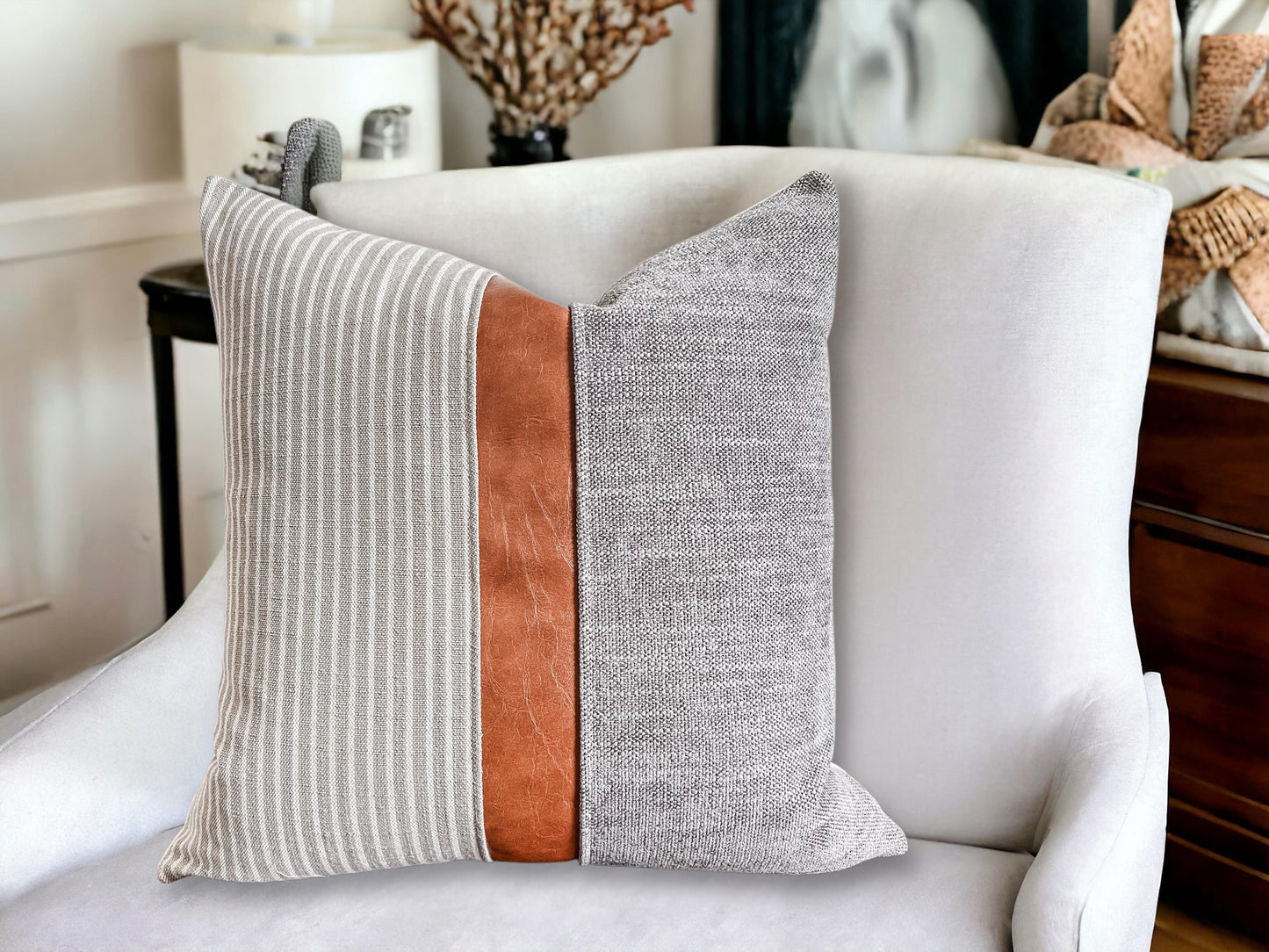 Grey and Cream Woven Stripe, Faux Leather Pillow Cover: Modern Farmhouse Cushion