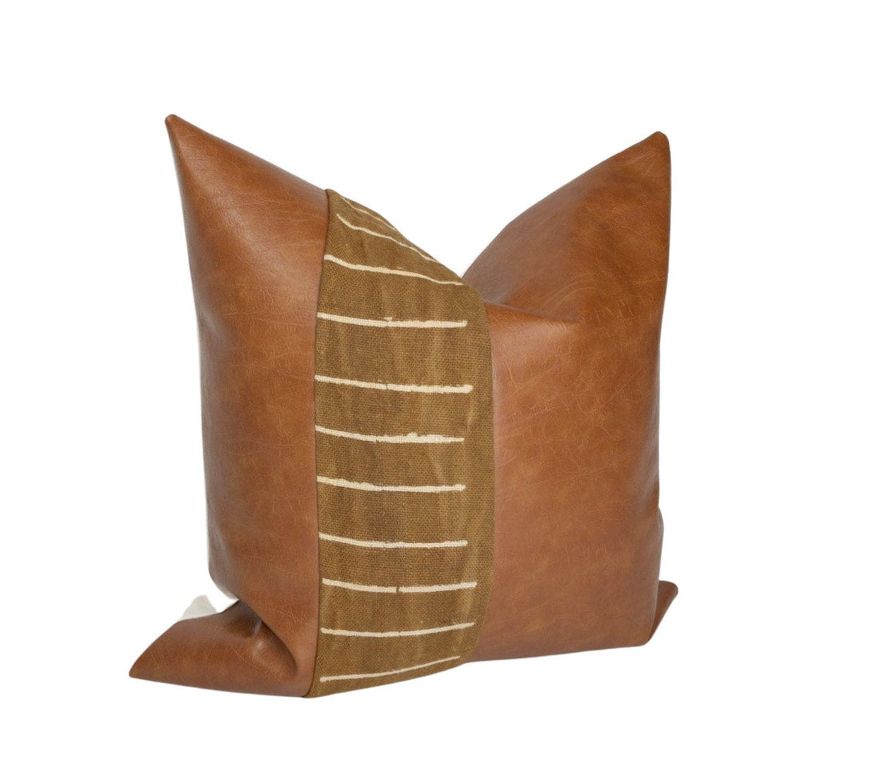 Handmade Cognac Leather & Mudcloth Pillow Cover: Mid-Century Home Decor, Accent