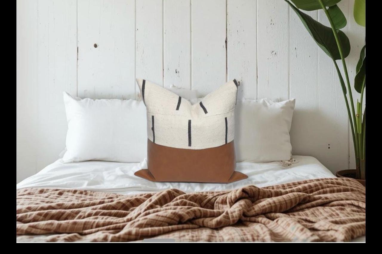 Mudcloth & Faux Leather Pillow Cover: Color Block Accent Pillow, Neutral Home Decor