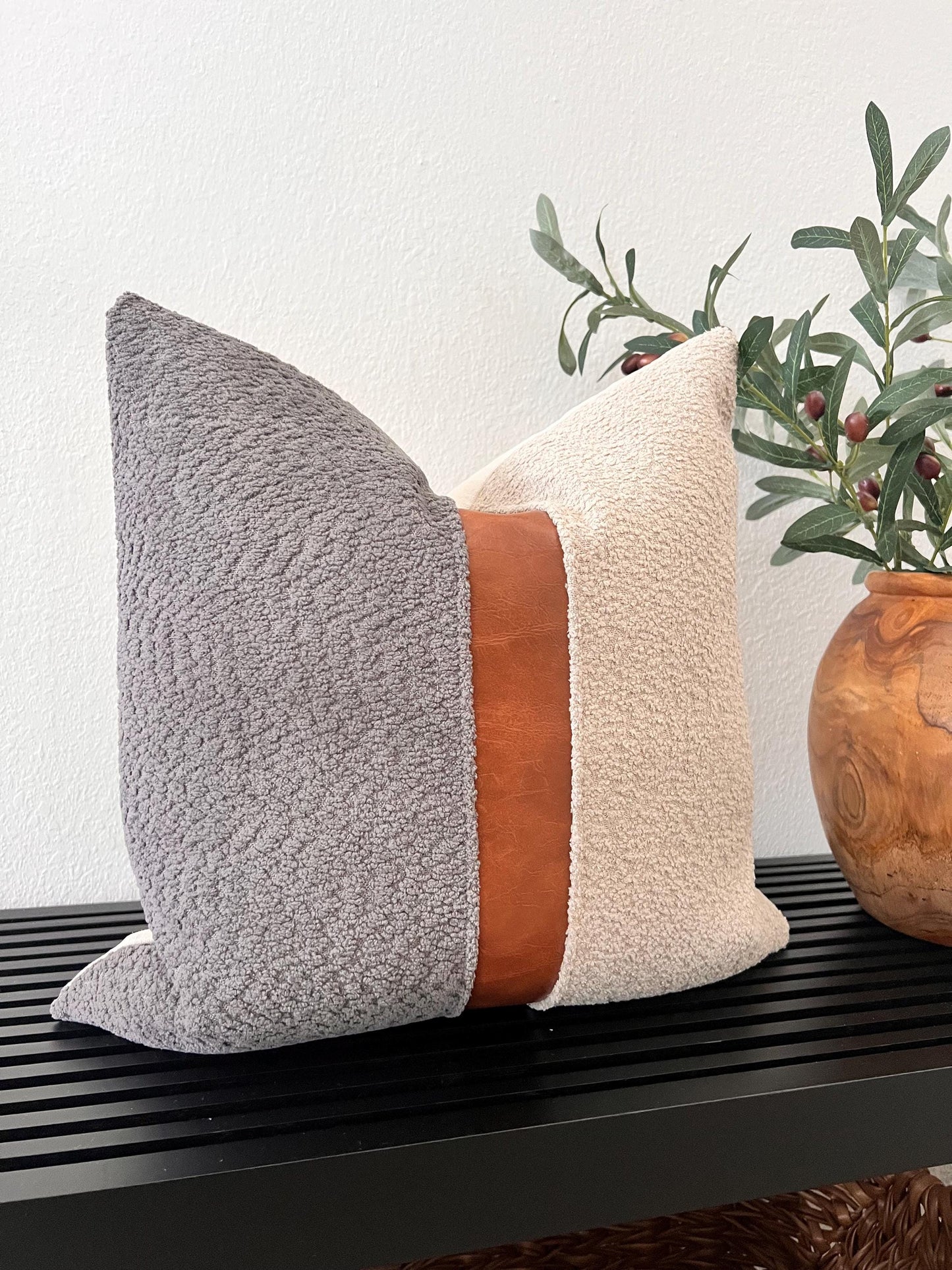 Cognac Faux Leather & Grey Woven Pillow Cover: Farmhouse Decorative Throw Cushions