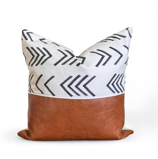 Mudcloth Inspired Print, Cognac Faux Leather Cushion: Boho Throw Pillow