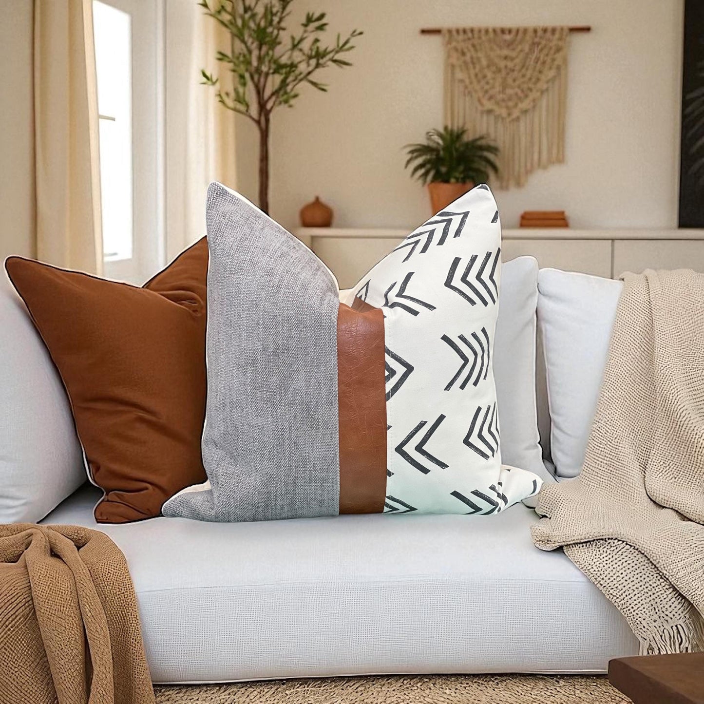 Grey & Cognac Faux Leather Pillow Cover- Neutral Boho Throw Pillow for Sofa or Bed