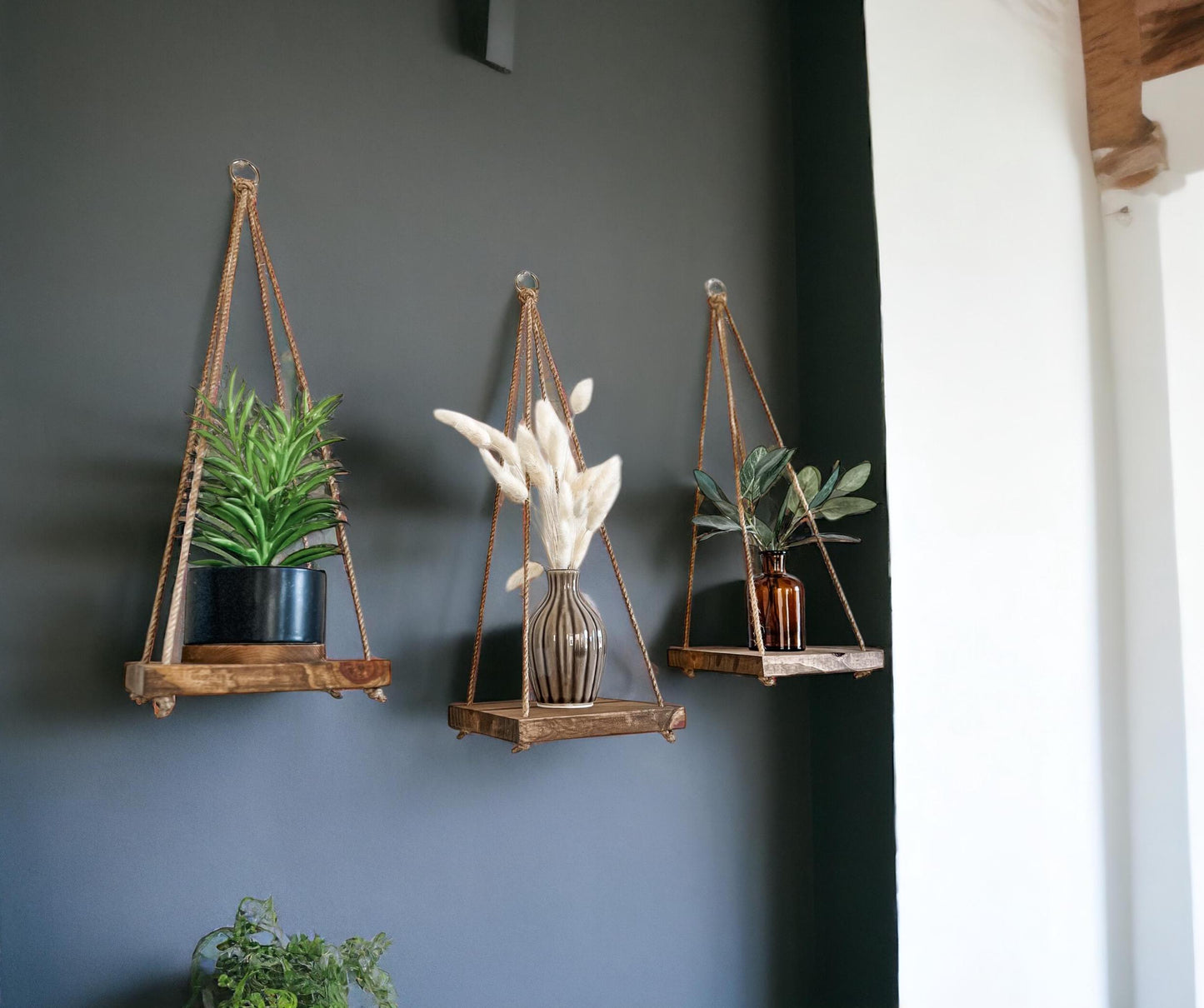 Wood Hanging Shelf Set of 3: Early American Stain, Boho Wall Decor