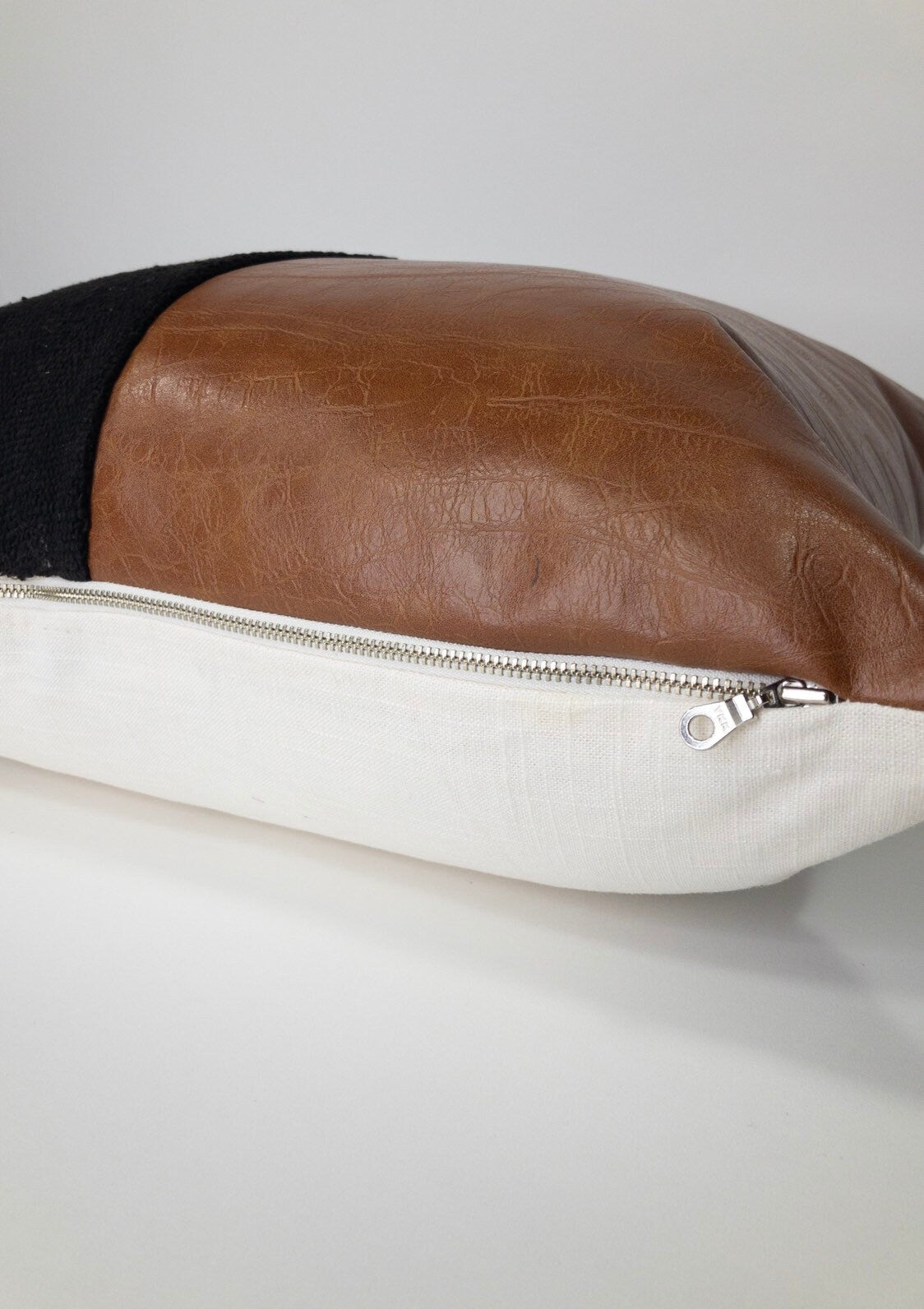 Mudcloth & Faux Leather Pillow Cover: Minimalist Cushion, Mid Century Modern Decor