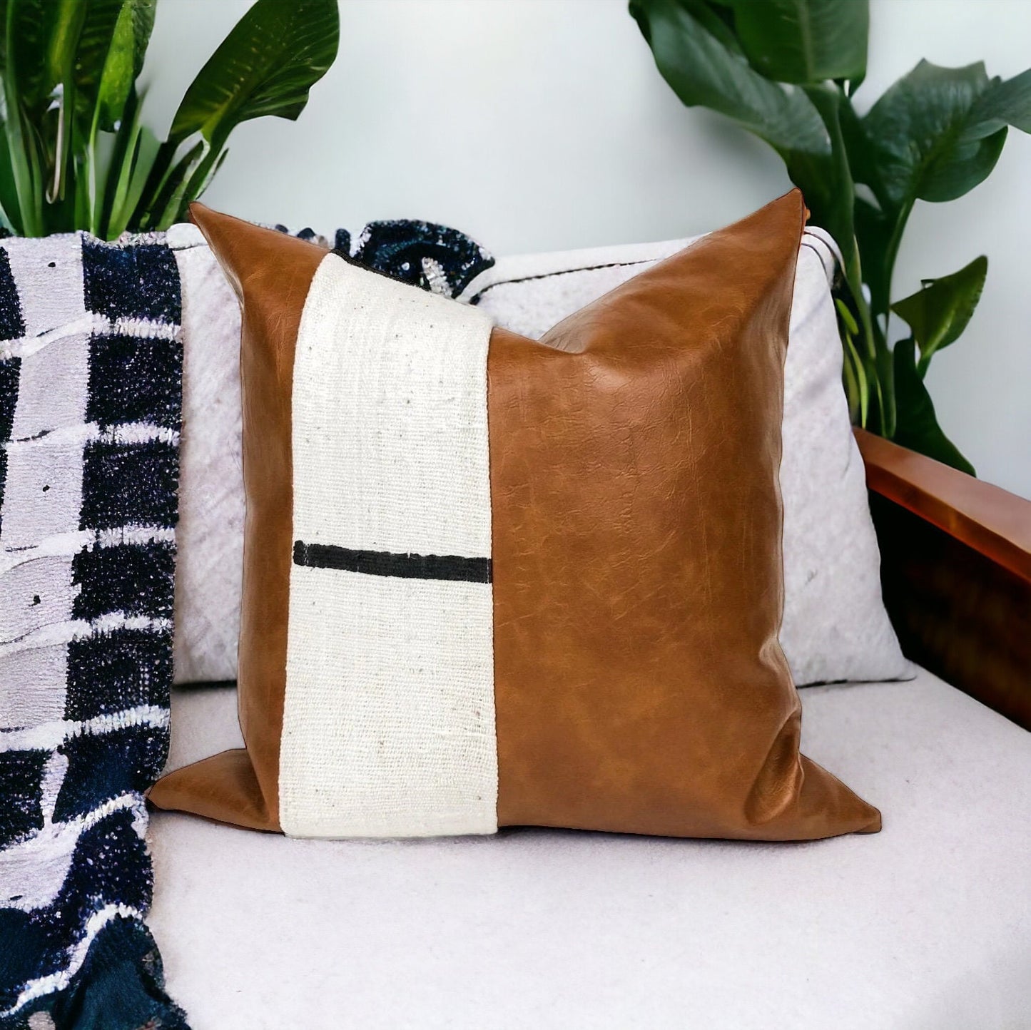 Faux Leather Mudcloth Pillow Cover: White &  Black Dash, Boho Throw Pillow